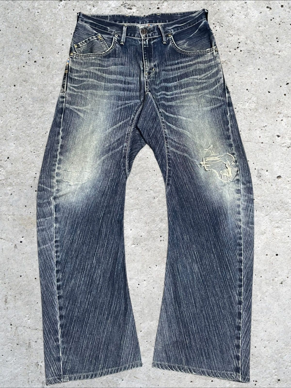 Edwin Vtg Edwin Twisted Loose Ripped Blue Wash Buckle Back Jeans Size US 31 - 6 Thumbnail