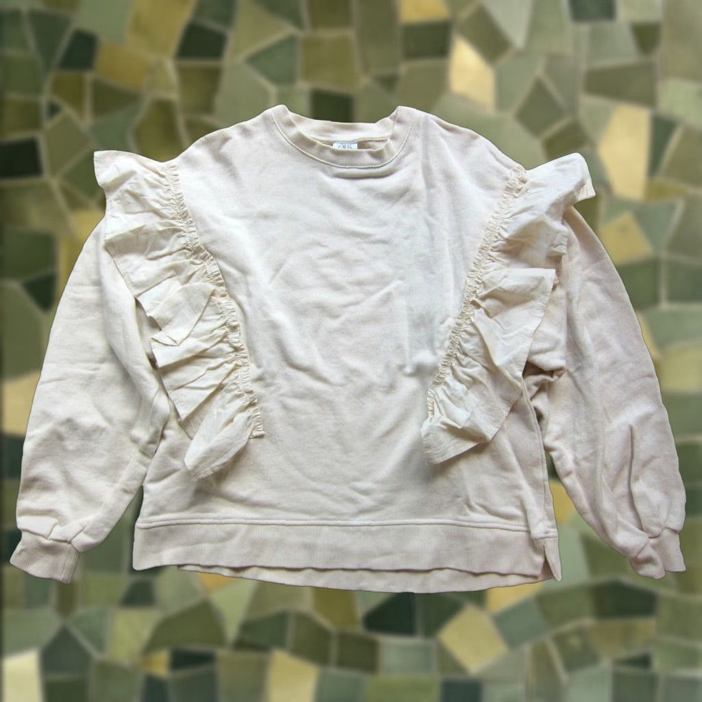 Zara VINTAGE Zara Cotton Ivory Cream Ruffle Long Sleeve Crew Neck Sweatshirt Wom L 13-14 Size L / US 10 / IT 46 - 1 Thumbnail