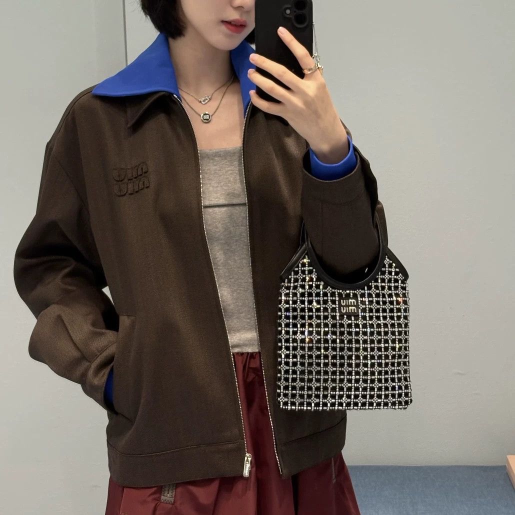 Miu Miu MIU MIU Blue & Brown Logo Embroidered Color Blocked Jacket Size XS / US 0-2 / IT 36-38 - 8 Thumbnail