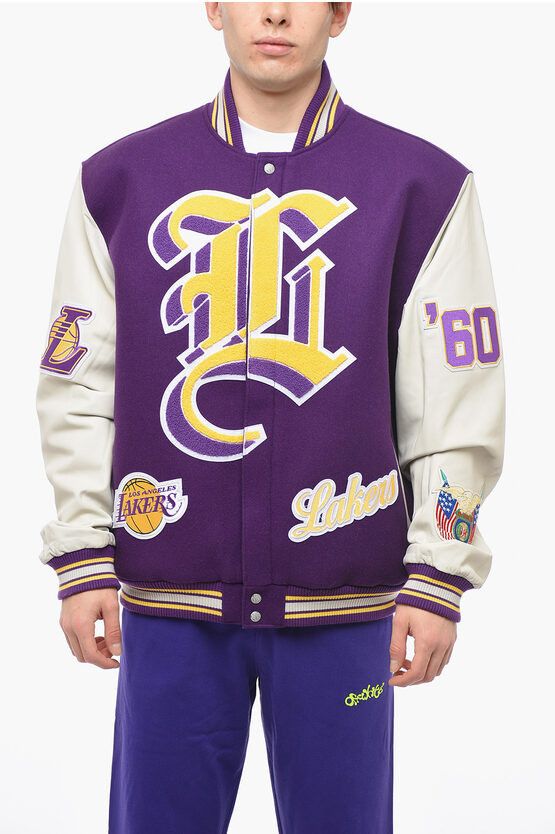 image of Jeff Hamilton Embroidered Lakers Jacket With Leather Sleeves in Violet, Men's (Size Medium)