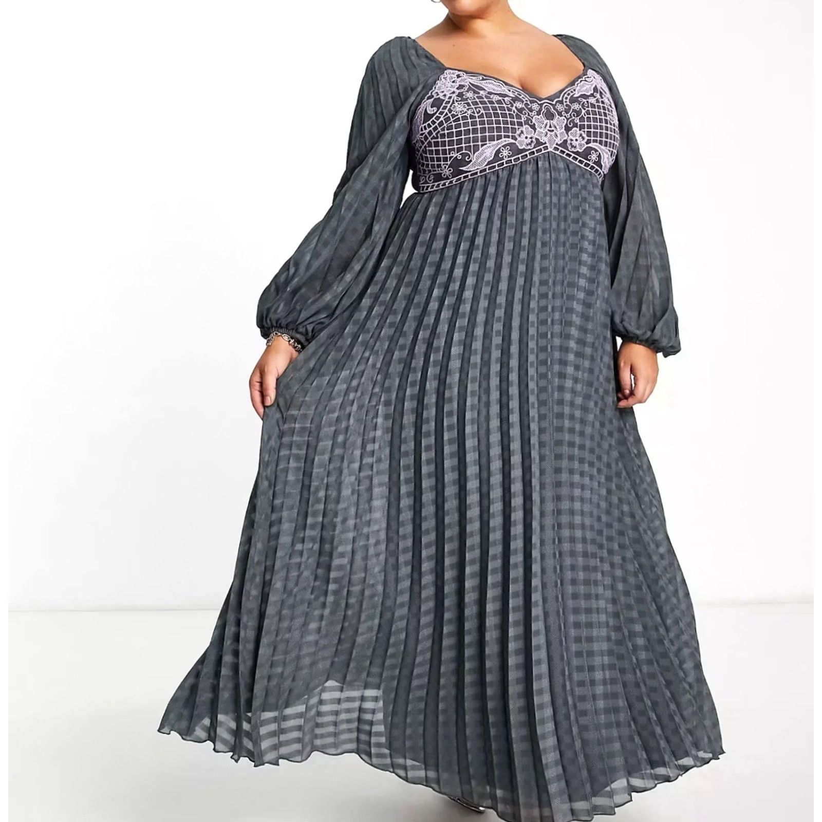 Asos ASOS Dress Womens 12 Gray Embroidered Pleated Lace Long Sleeve Fairy Coquette Whimsigoth Maxi Size XL / US 12-14 / IT 48-50 - 5 Thumbnail