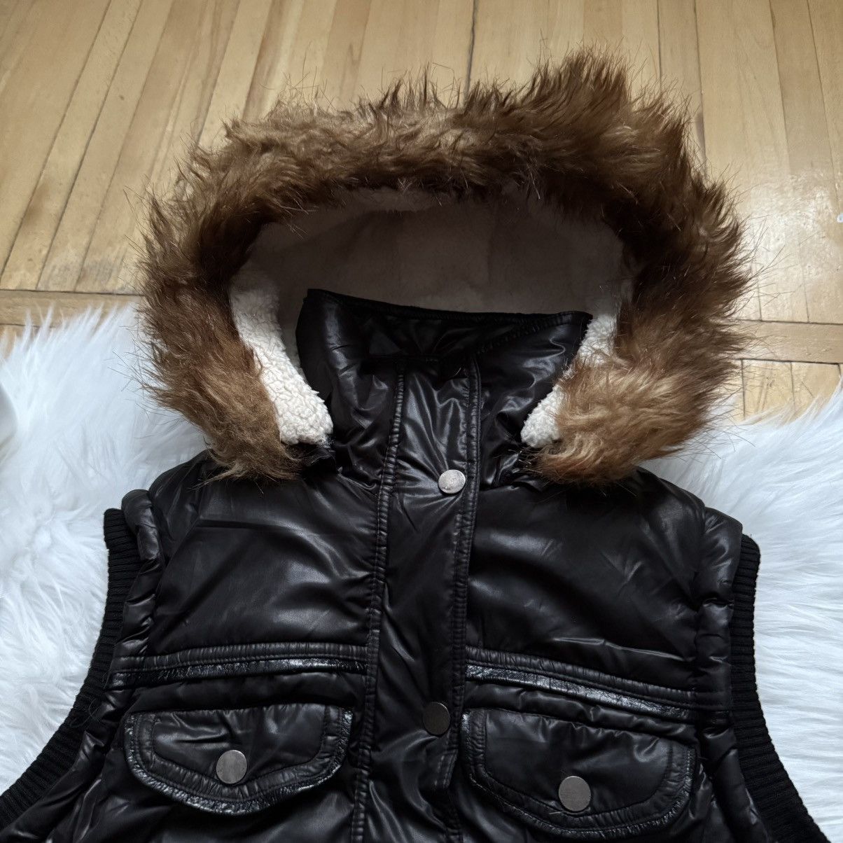 If Six Was Nine 📌 Vintage Max Blue Y2K 00s Fur Hood Black Vest Size S / US 4 / IT 40 - 7 Thumbnail