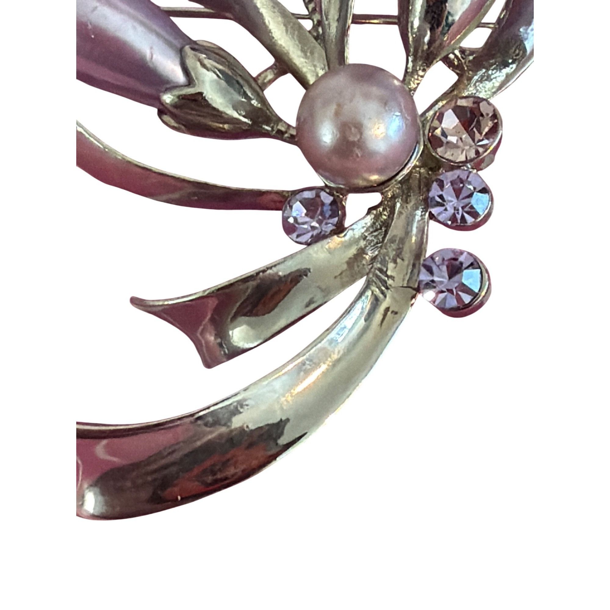 Other Vtg Silver Tone Brooch Lilac Purple Faux Pearls Rhinestones Size ONE SIZE - 3 Thumbnail