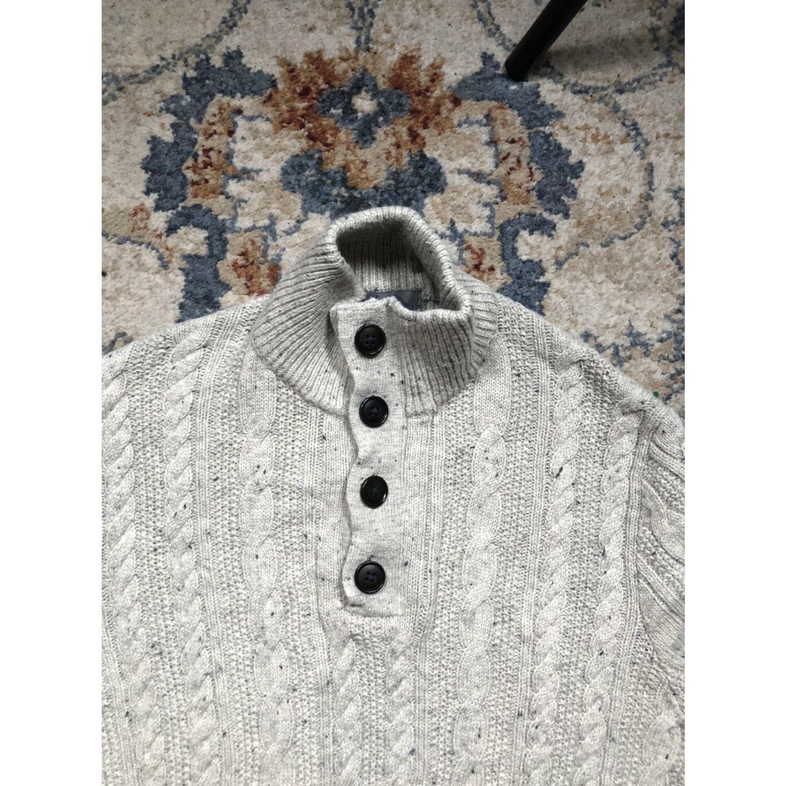 Marks & Spencer Marks & Spencer Sweater Mens Medium Gray Cable Knit Mock Neck Henley Wool Blend Size US M / EU 48-50 / 2 - 2 Thumbnail
