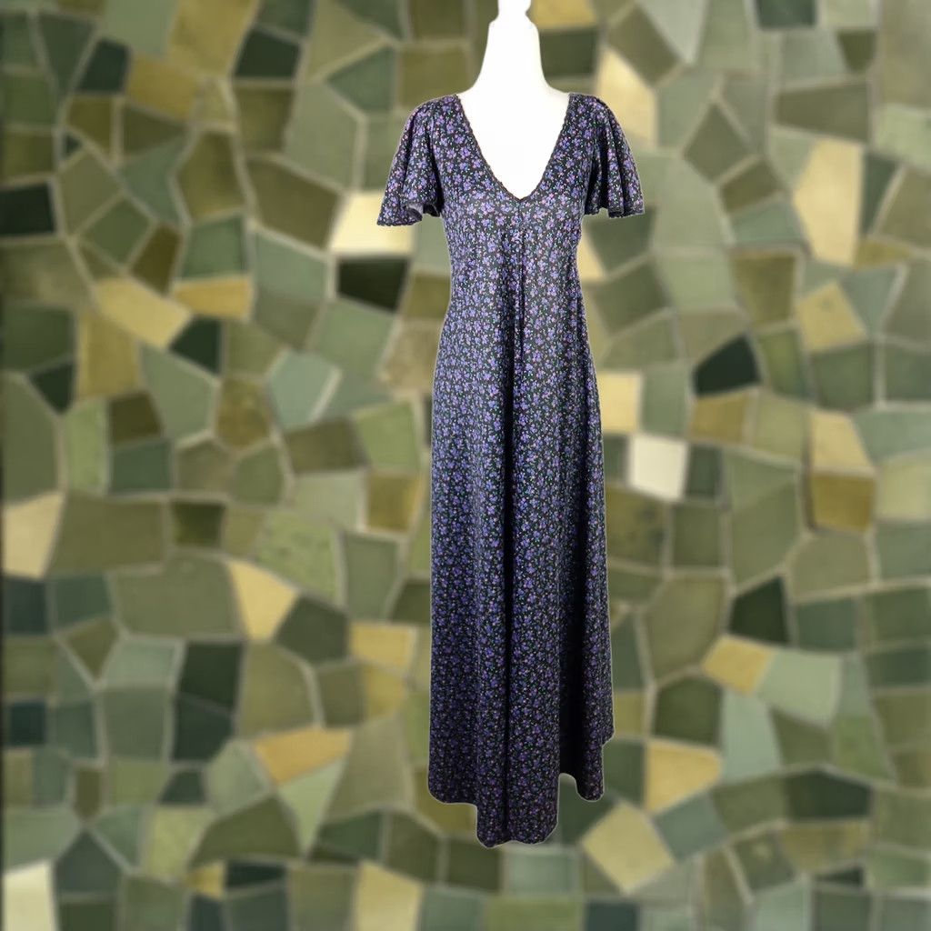 Vintage VINTAGE 70s black purple calico floral maxi Dress S Size M / US 6-8 / IT 42-44 - 1 Thumbnail