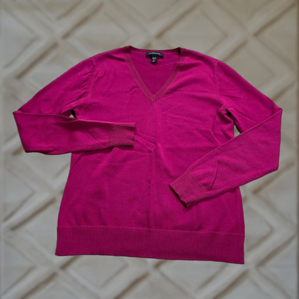Lands' End Lands' End Sweater Women XS Fuchsia Pink V-Neck Tight Knit Casual Workwear Size XS / US 0-2 / IT 36-38 - 1 Thumbnail