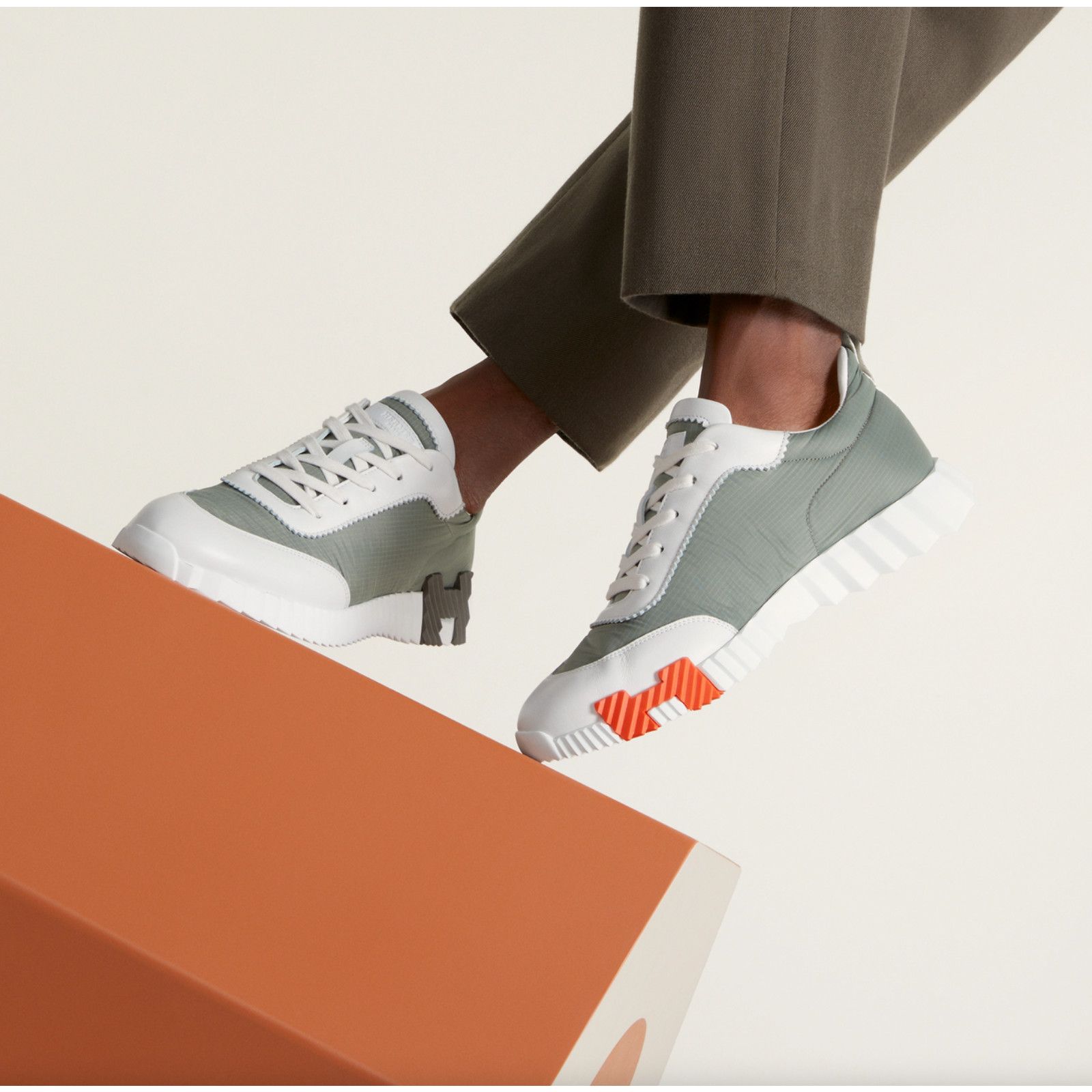 Hermes Mens Bouncing Sneaker Etoupe Blanc White Grey H Logo Lace Up Size US 11 / EU 44 - 5 Thumbnail