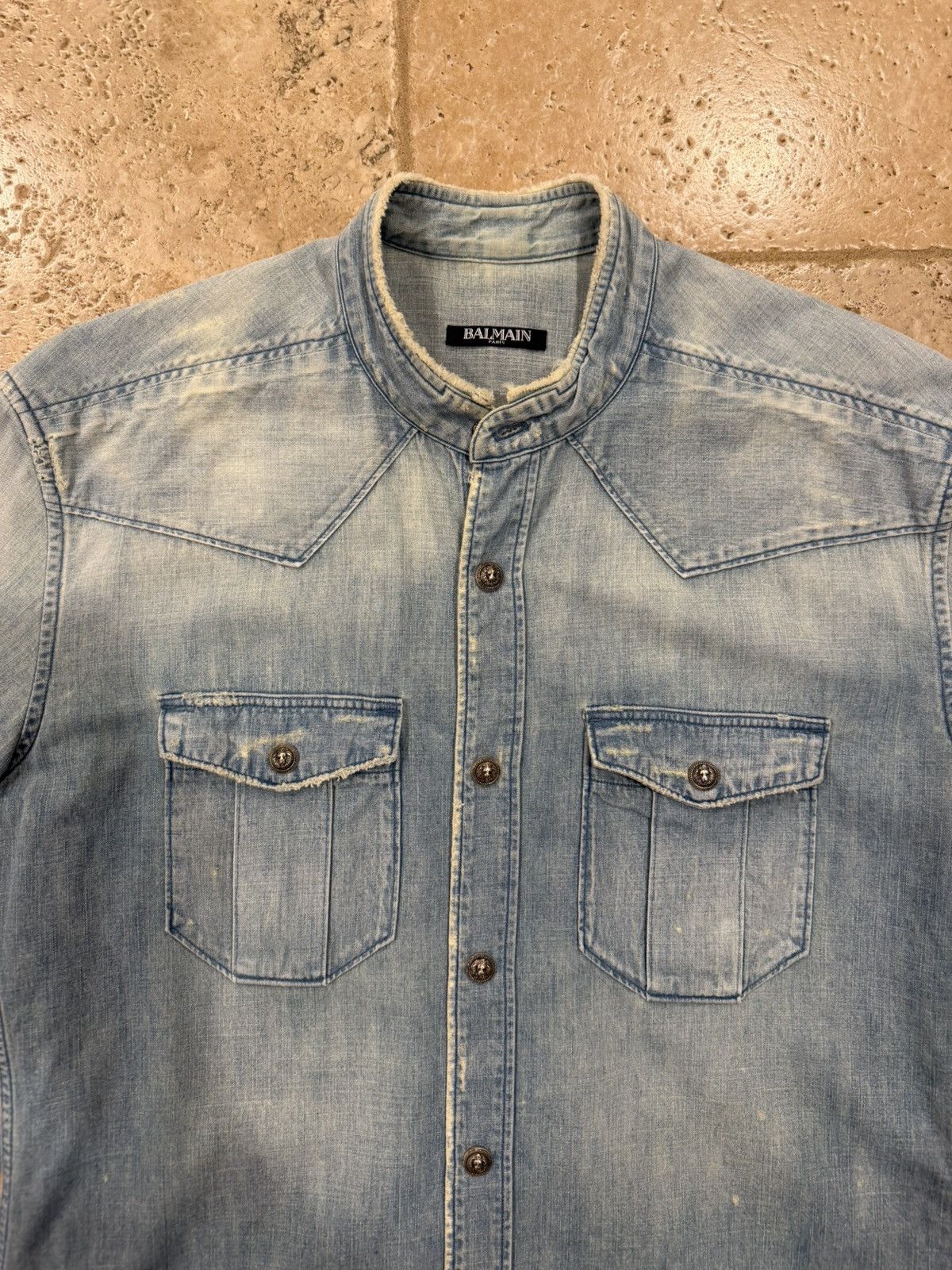 Balmain Balmain SS18 Distressed Light Blue Wash Denim Button Shirt Size US L / EU 52-54 / 3 - 9 Thumbnail