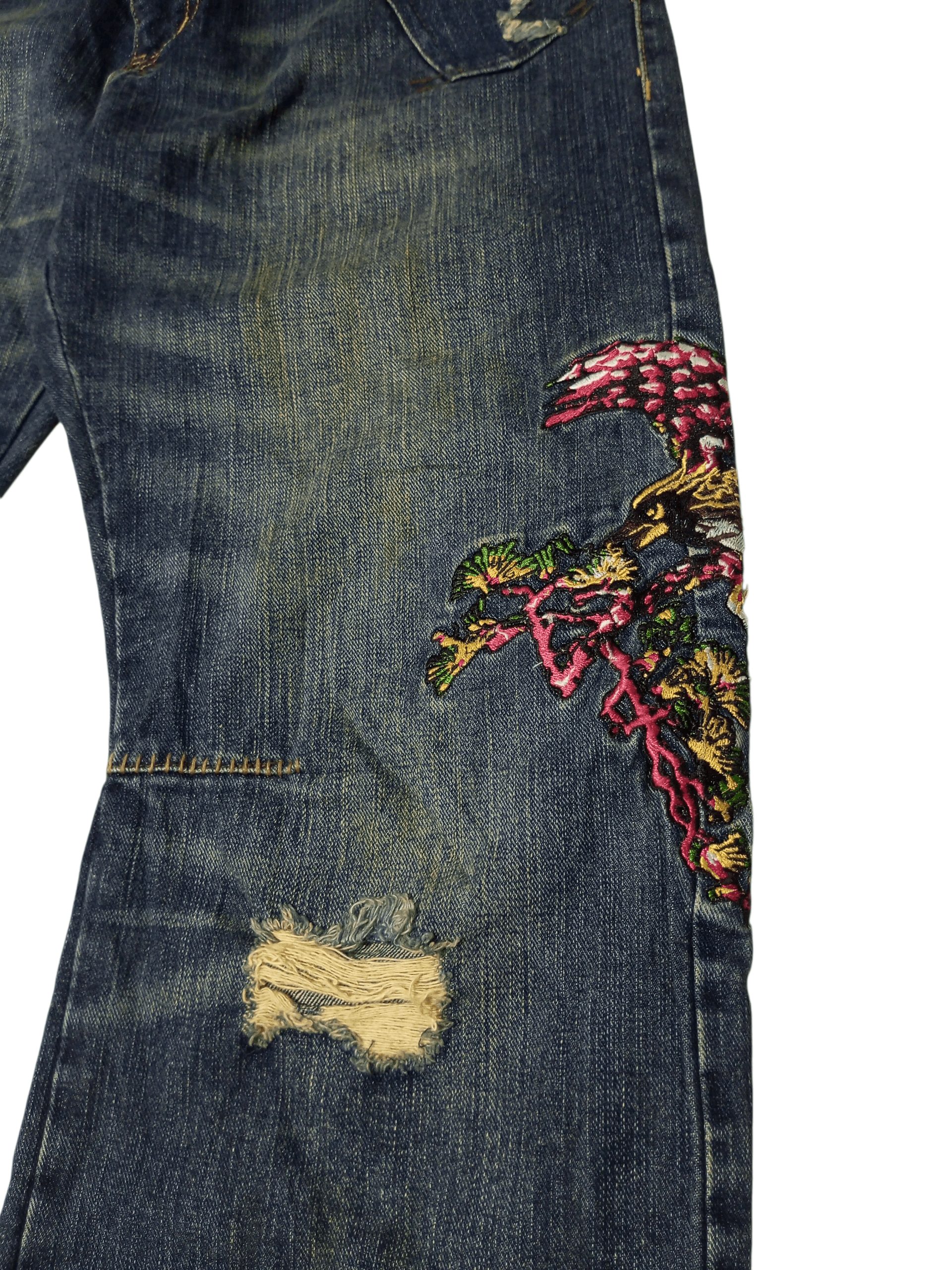 Karakuri Tamashii Vintage exhibitionist embroidery distressed flared denim Size US 33 - 12 Thumbnail