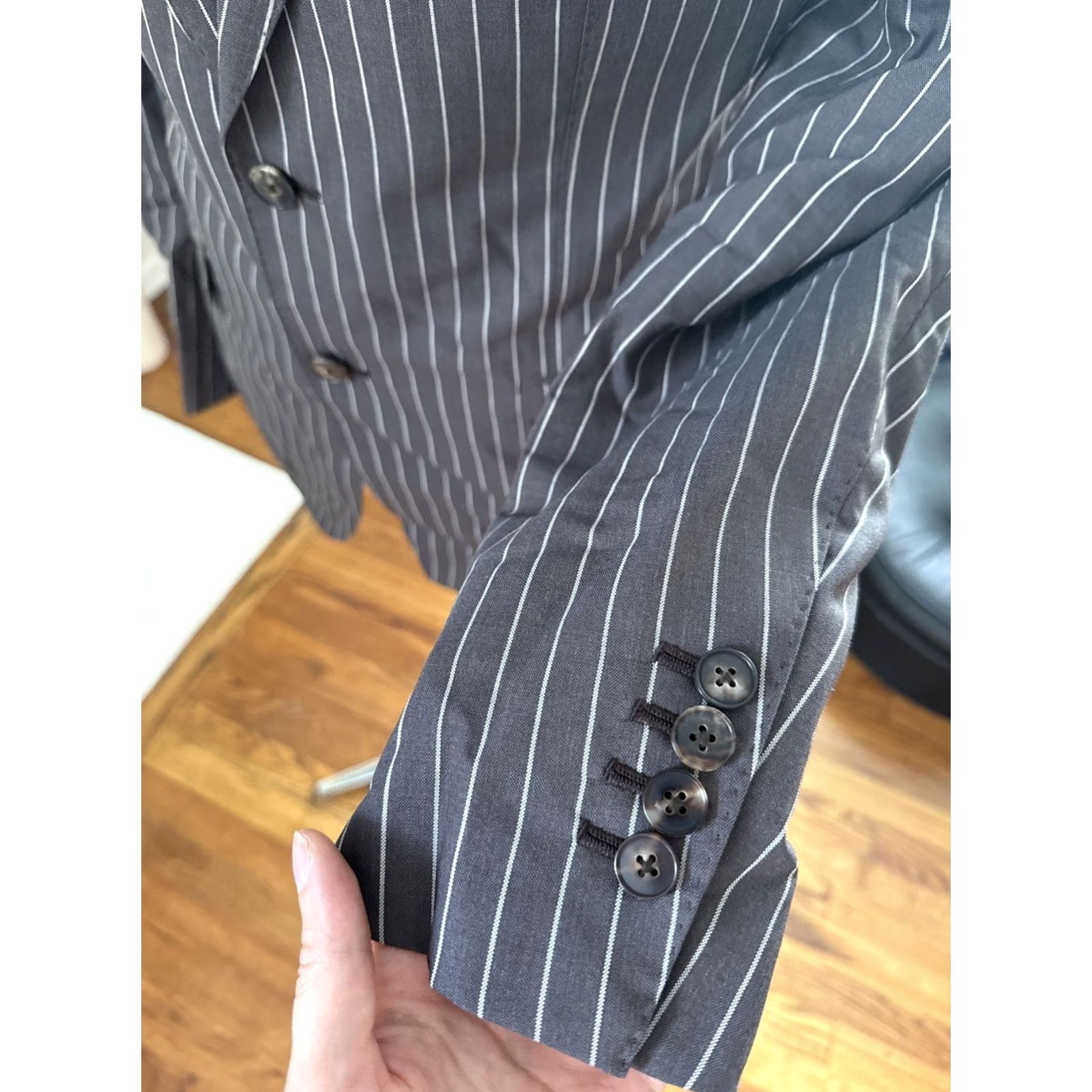 Vintage MUSIKA FRERE Grey Wool Mens Blazer Tuxedo Jacket 40 Regular Striped Short Single-Breasted Two-Button Size 40R - 4 Thumbnail