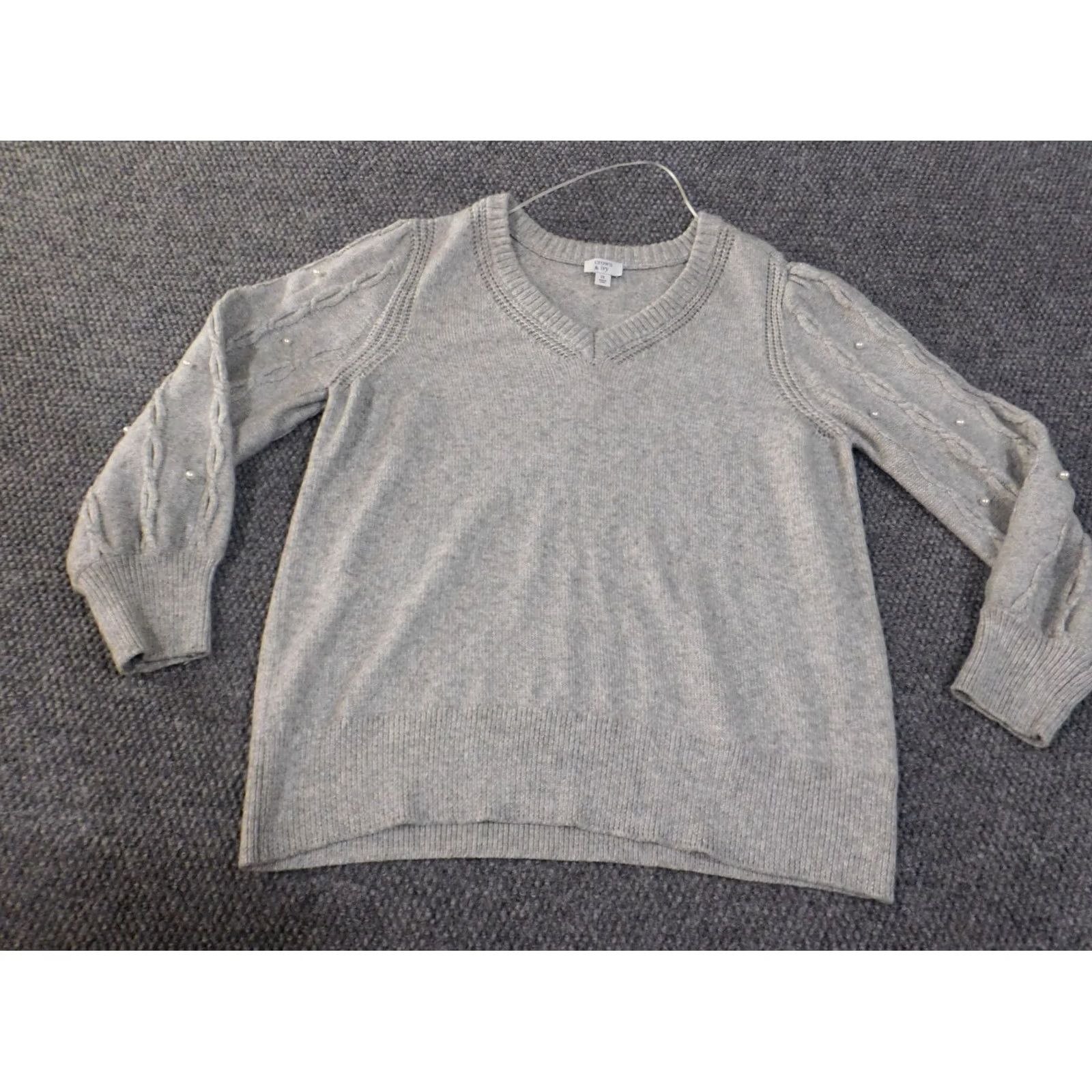 Vintage Crown & Ivy Sweater 1X Gray Beaded Cable-Knit Raglan Sleeve Pullover Womens Knit Polyester Viscose Crew Neck Casual Modern Size XL / US 12-14 / IT 48-50 - 2 Thumbnail