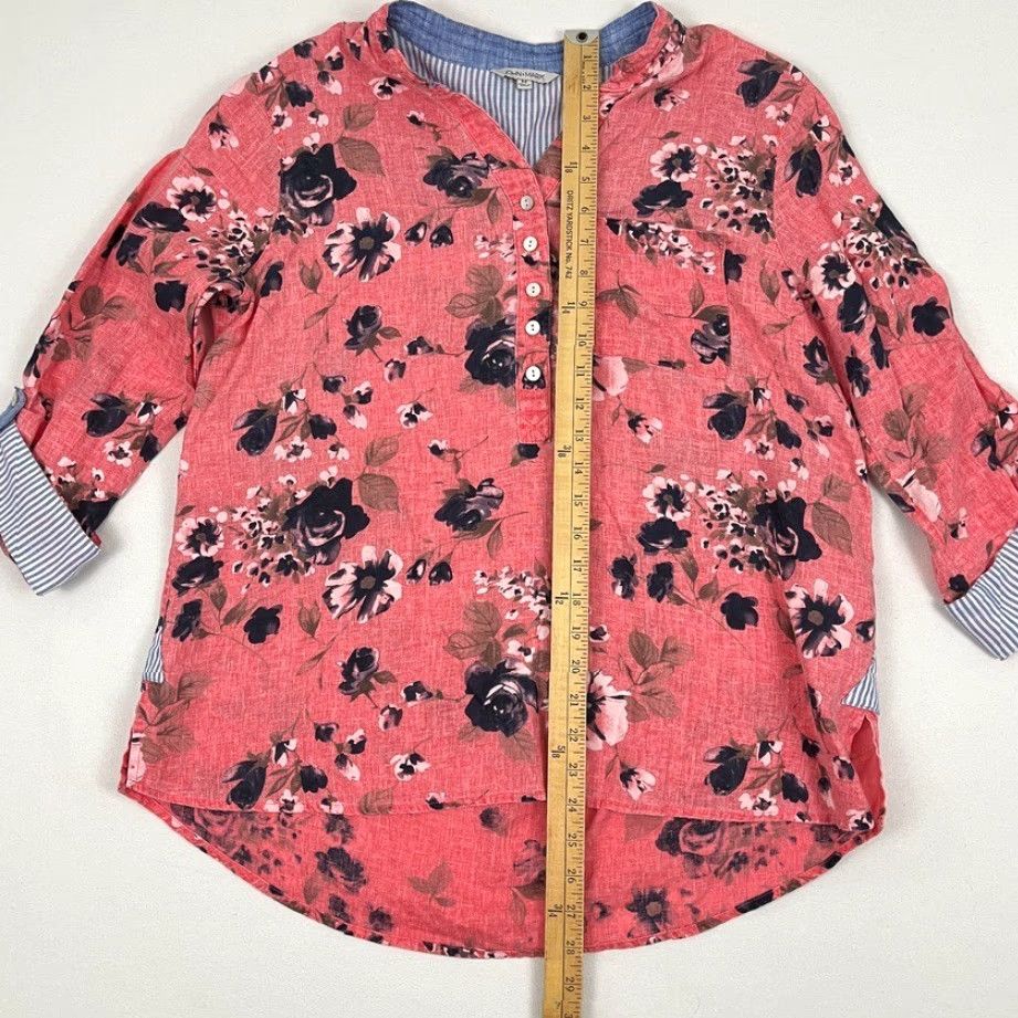 Vintage John Mark Blouse Womens M Pink Floral Linen Popover Roll Tab Wired Collar Boho Size M / US 6-8 / IT 42-44 - 5 Thumbnail
