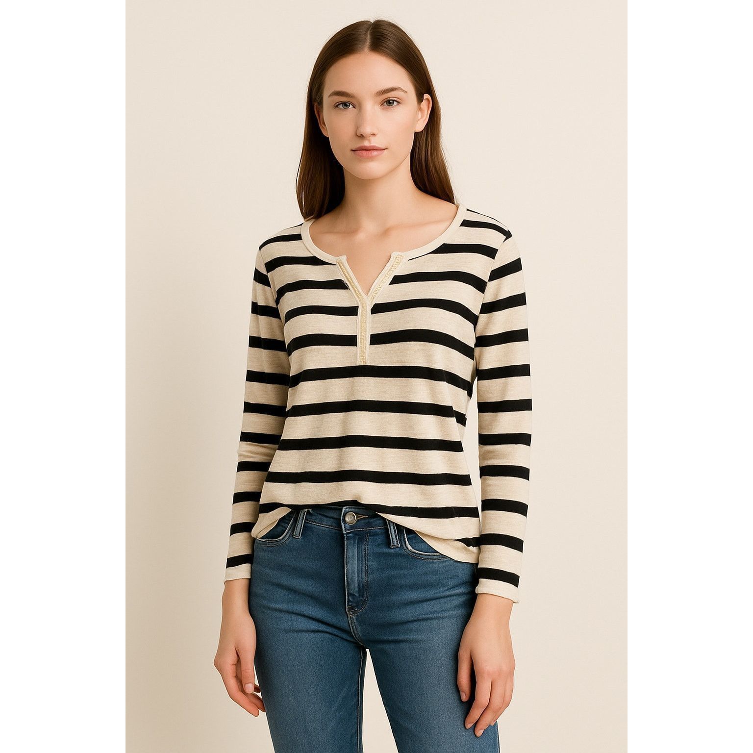Other Poof Striped Henley Top Black White Long Sleeve Cotton L Size L / US 10 / IT 46 - 1 Thumbnail