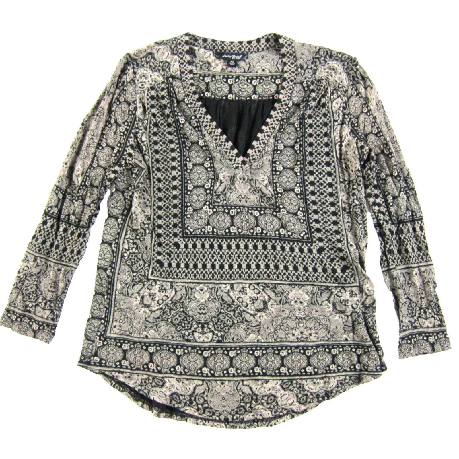 Lucky Brand Lucky Brand Blouse XS Tunic V-Neck Long Sleeve Jersey Cotton Batik Floral Gray Women Size XS / US 0-2 / IT 36-38 - 2 Thumbnail
