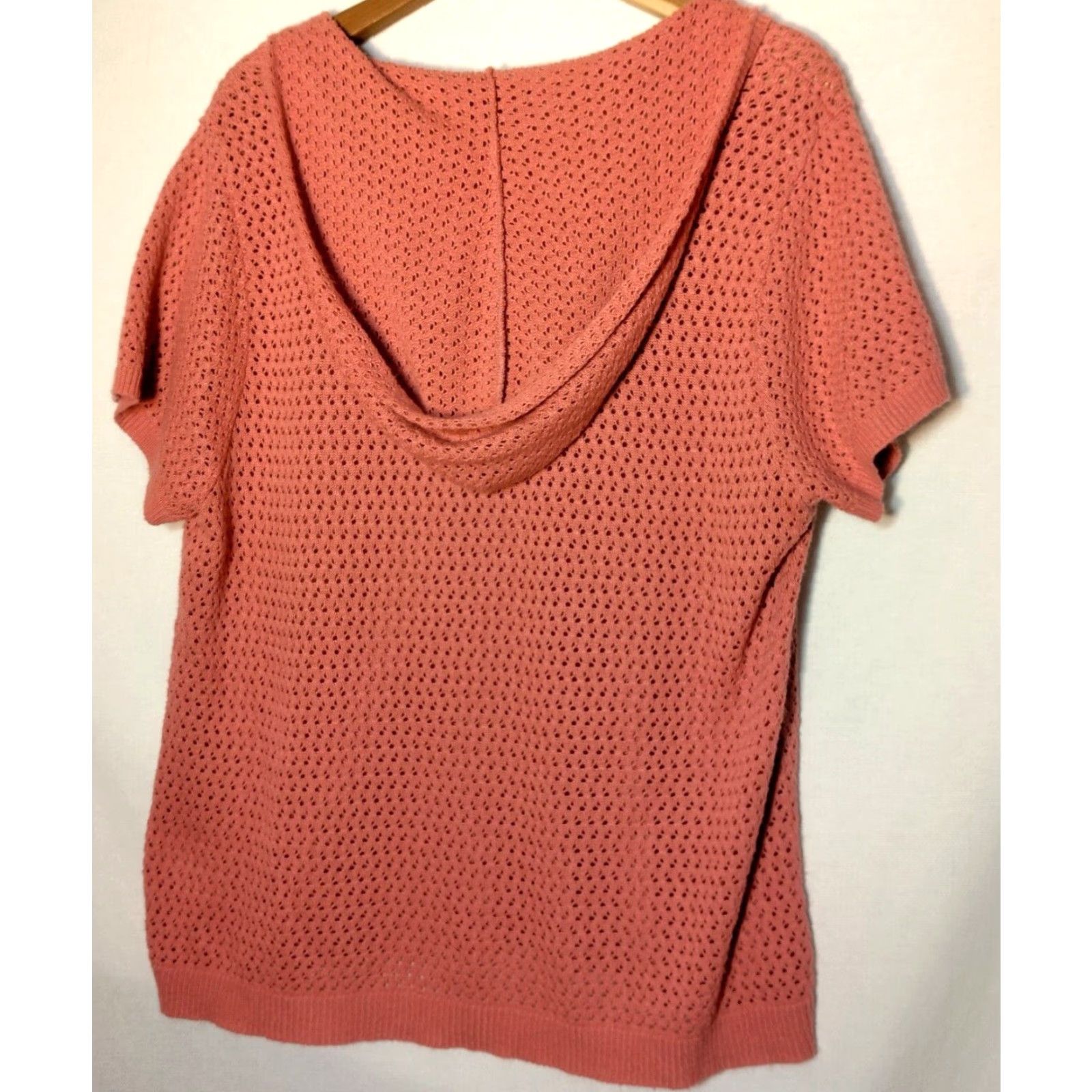 Vintage Lane Bryant Sweater Hooded Open Knit Short Sleeve V-Neck Casual Pullover Plus Size 22/24 Salmon Pink Size 3XL / US 20-22 - 2 Thumbnail