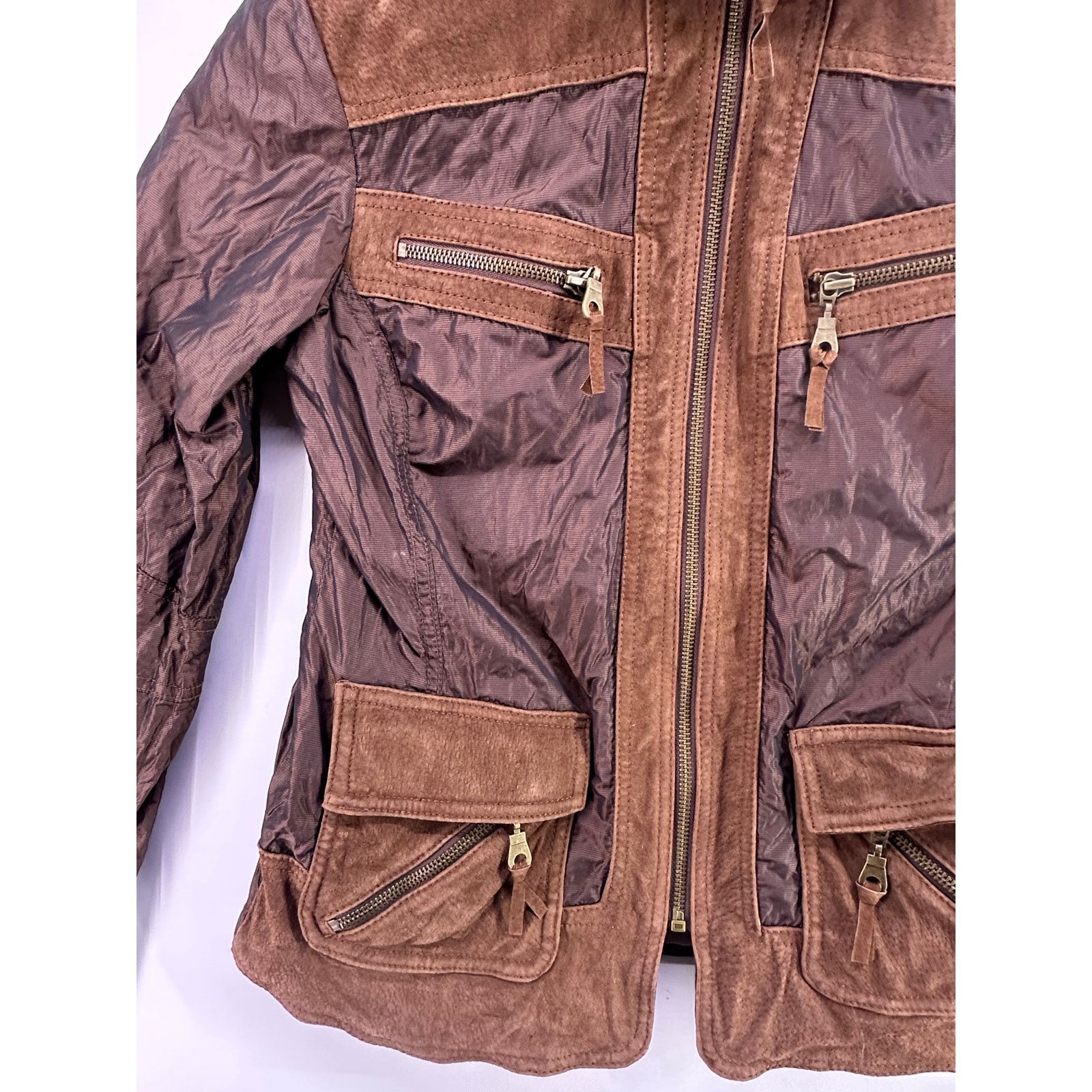 & Other Stories Vintage Chicos Brown Leather Suede Trim Nylon Jacket Size 0 Size XS / US 0-2 / IT 36-38 - 3 Thumbnail