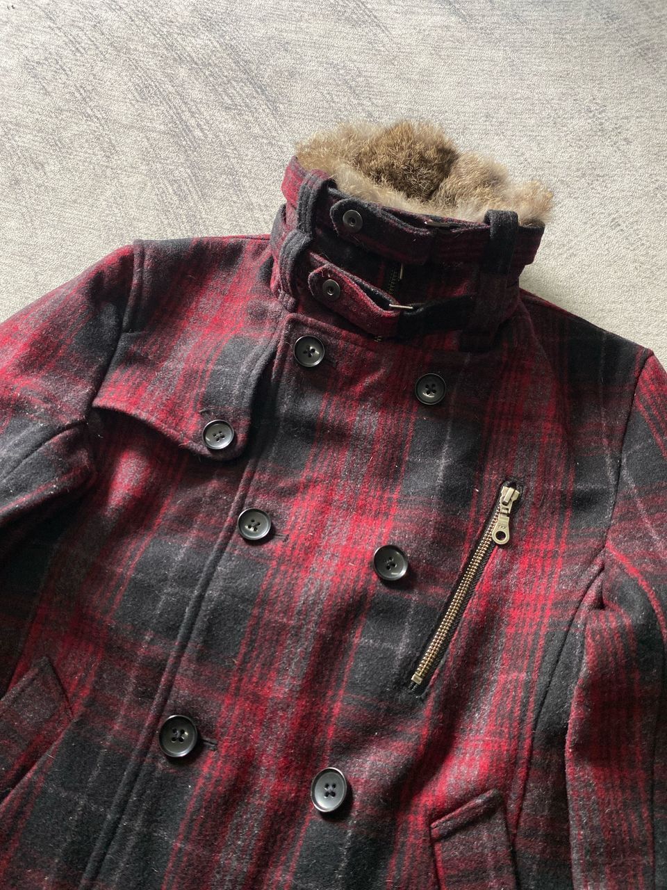 If Six Was Nine Rattle Trap Wool Plaid Rabbit Fur Collar Peacoat Jacket Size US M / EU 48-50 / 2 - 5 Thumbnail