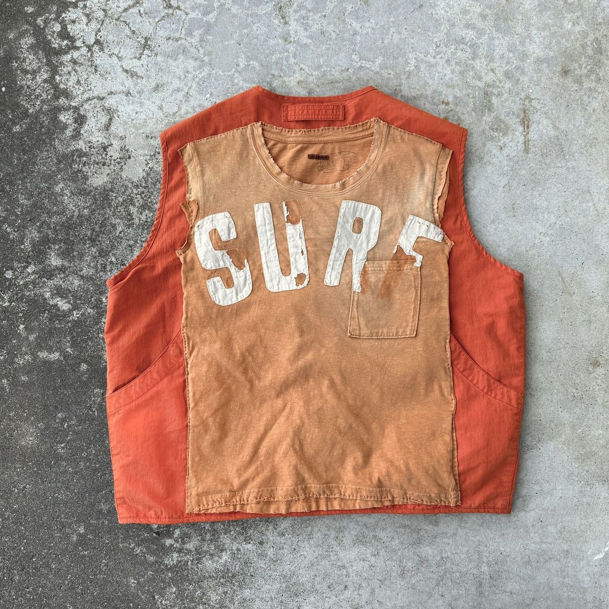 image of Kapital x Kapital Kountry Tactical Fishing Vest Surf Sunfade Boro Patchwork Distressed in Orange (S