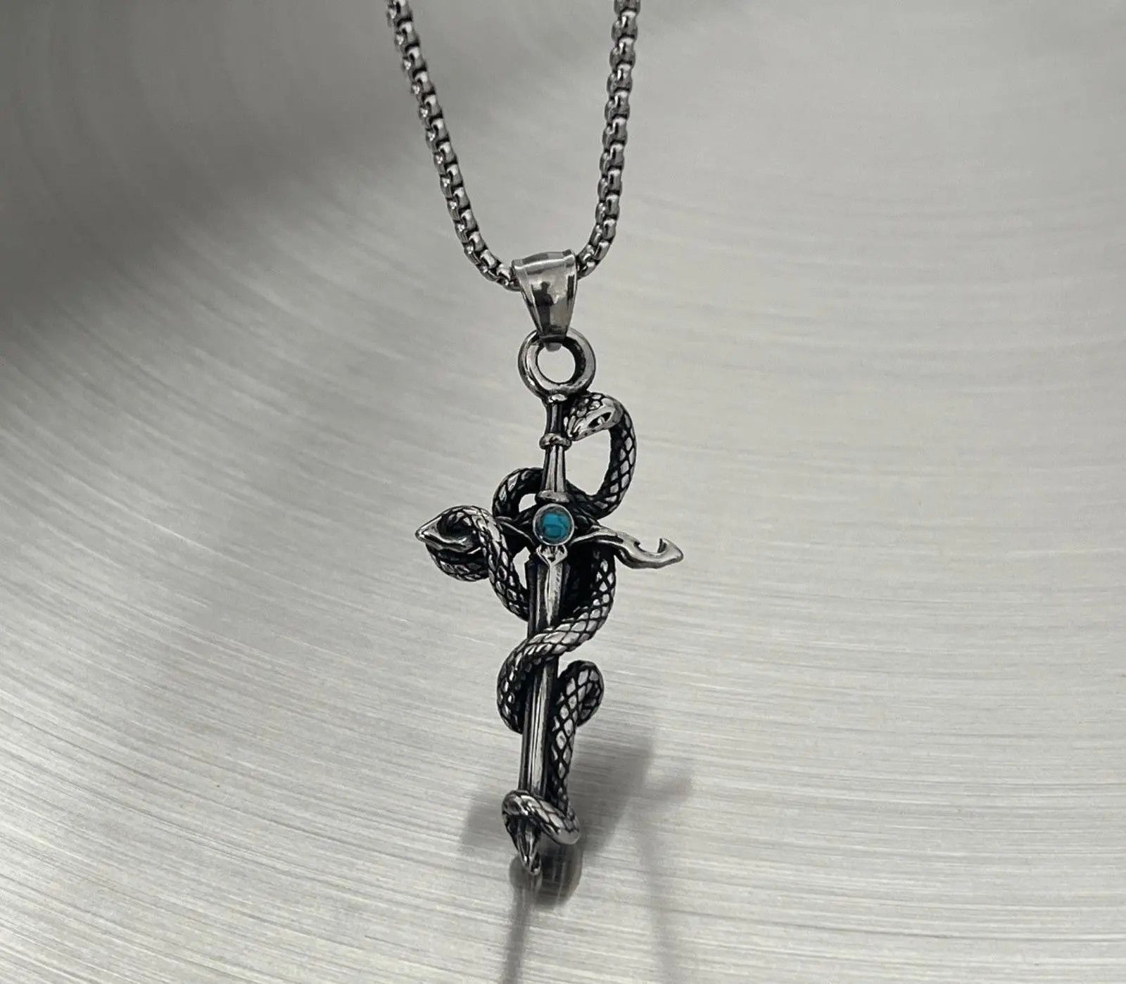 Jewelry Silver Snake & Cross - Blue Gemstone Pendant Necklace Size ONE SIZE - 6 Thumbnail