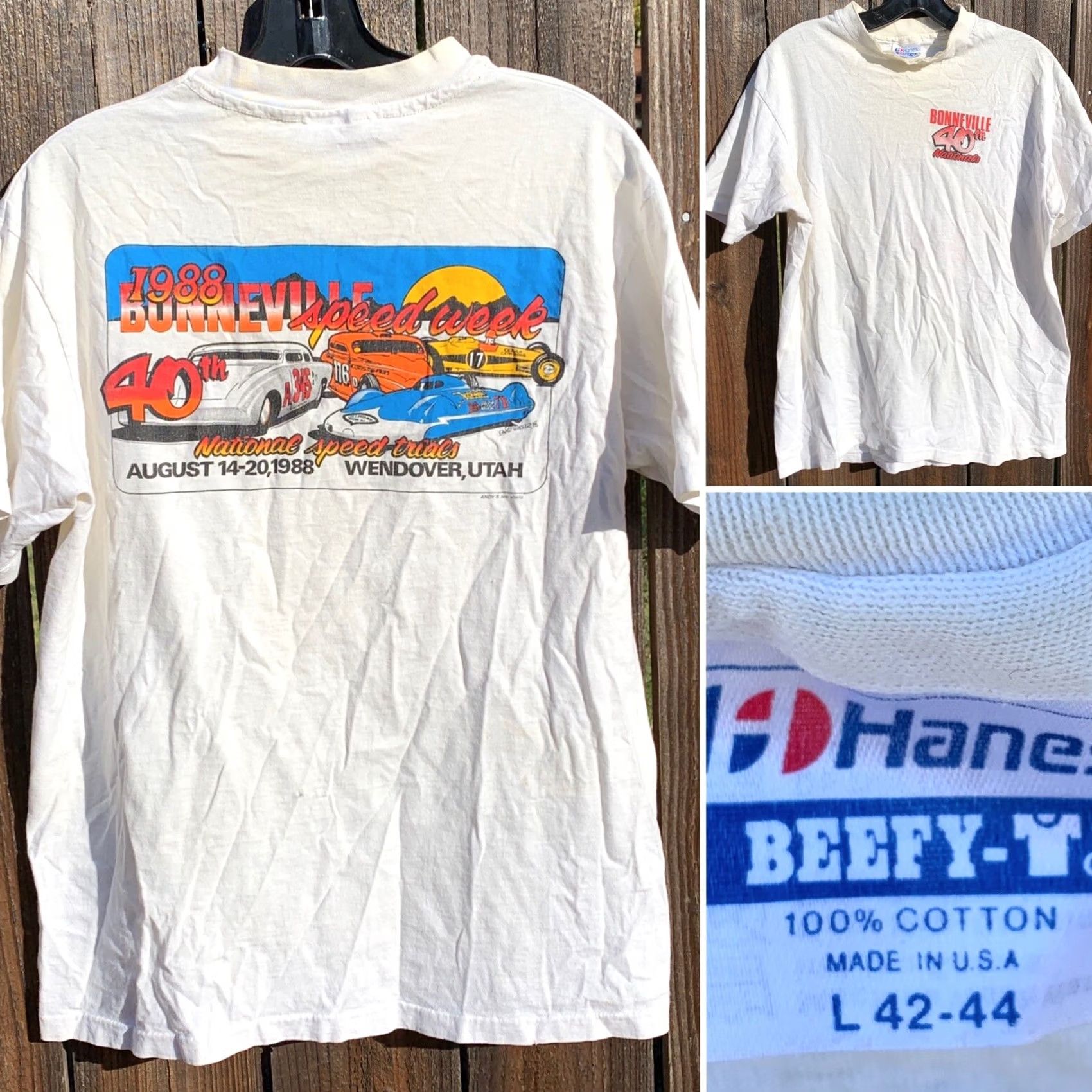 Hanes Vintage Hanes Bonneville 1988 Speed Week T-Shirt L White 80s Graphic Print Crew Neck Short Sleeve Men’s BEEFY-T Js Jersey Cotton Casual Vintage Shirt Size US L / EU 52-54 / 3 - 6 Thumbnail