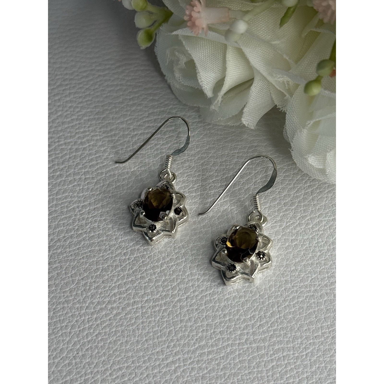 Jewelry 925 STERLING SILVER HESSONITE & MARCASITE EARRINGS Size ONE SIZE - 2 Thumbnail