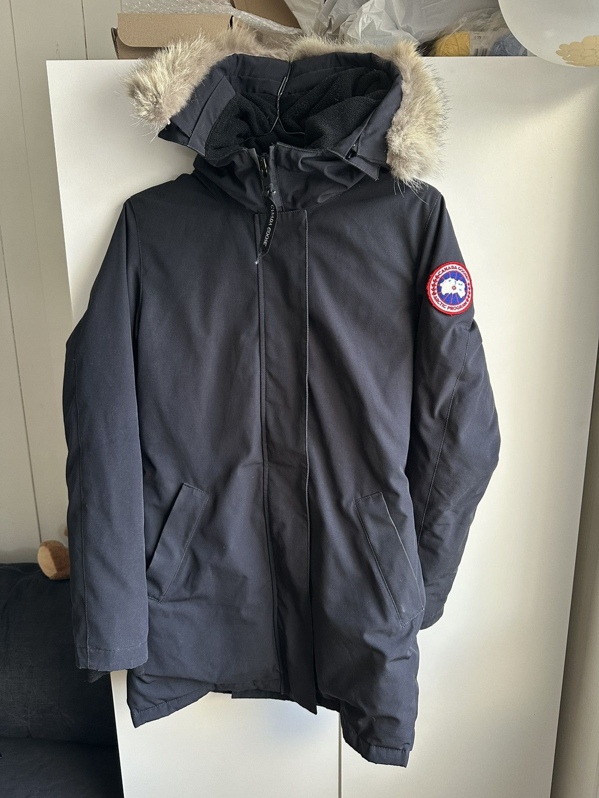 image of Canada Goose Parka Victoria Puffer Jacket Coyote Fur in Dark Blue, Women's (Size Small)