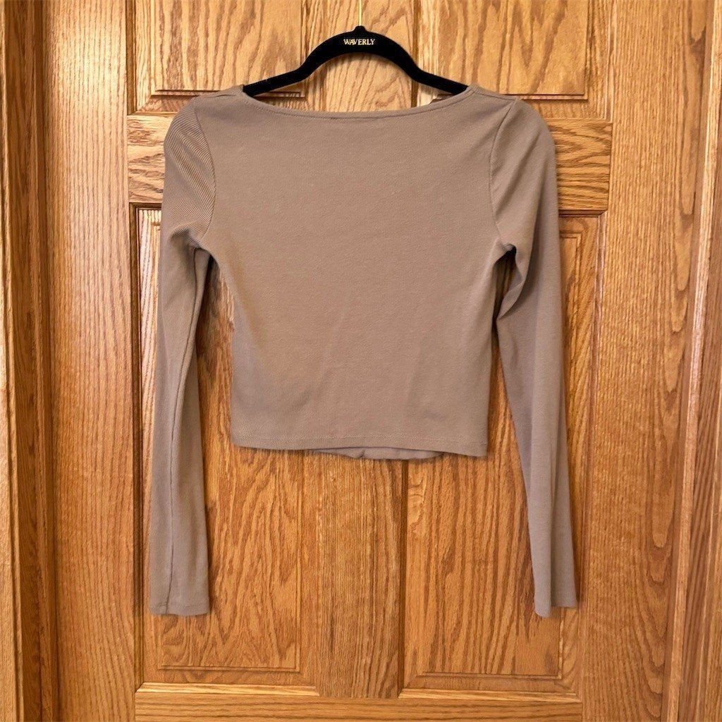 Zara ZARA Blouse Womens Size M Beige Ribbed Square Neck Long Sle Size M / US 6-8 / IT 42-44 - 2 Thumbnail