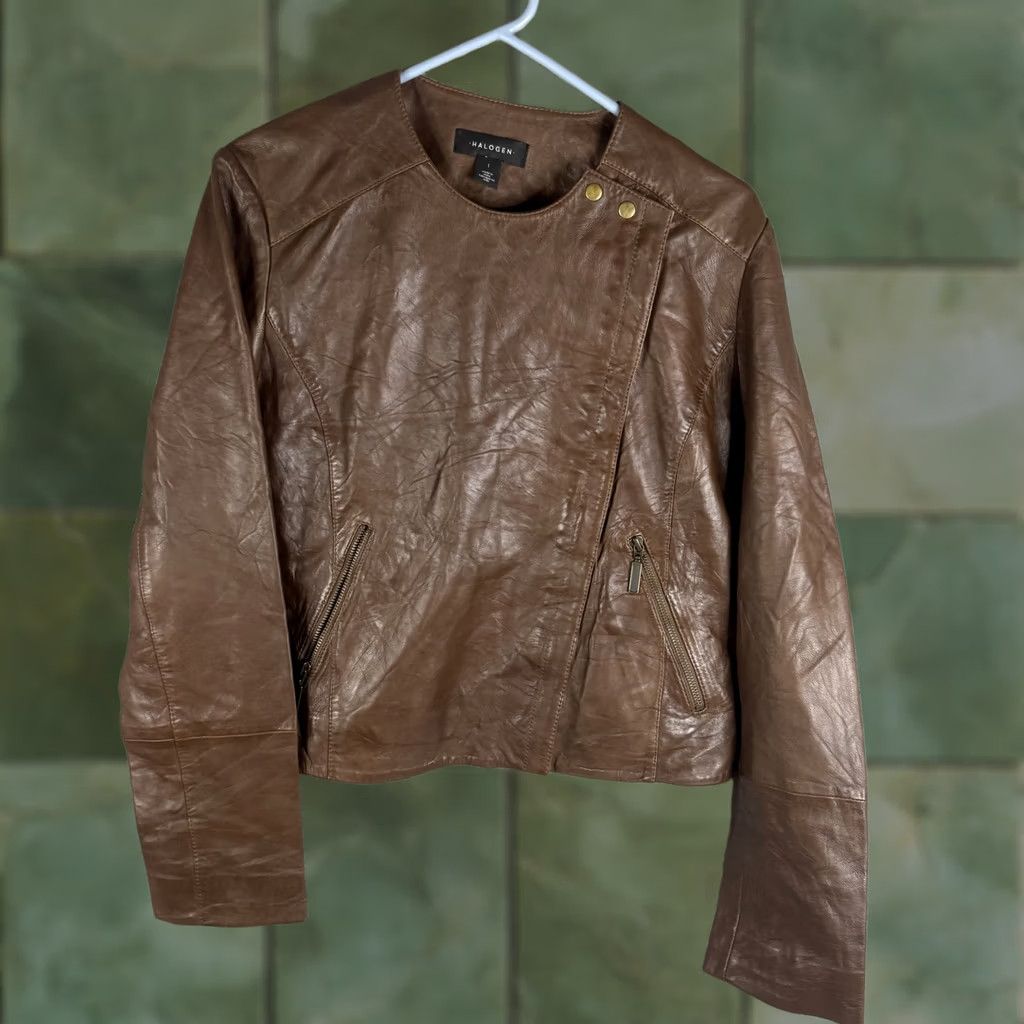 Vintage Halogen Leather Jacket Womens Large Brown Moto Asymmetrical Zip Pockets Lined Jacket Women L Size L / US 10 / IT 46 - 1 Thumbnail