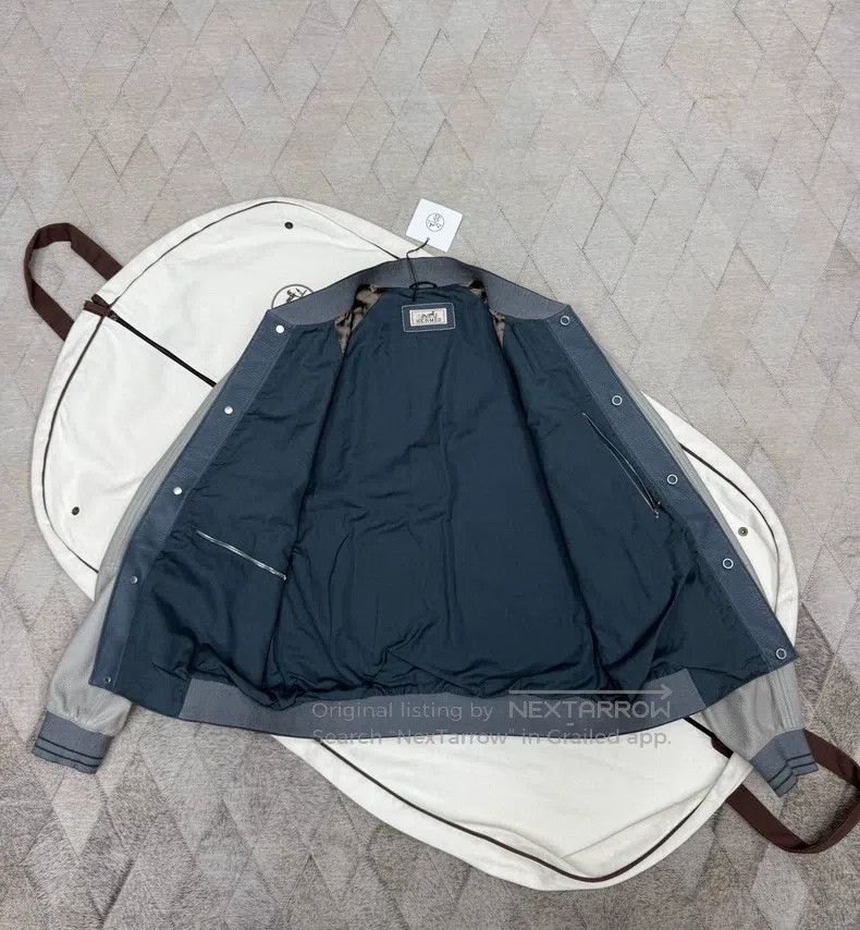 Hermes Hermes 100% Deer Leather and Linen Baseball Jacket in Blue Size US M / EU 48-50 / 2 - 6 Thumbnail