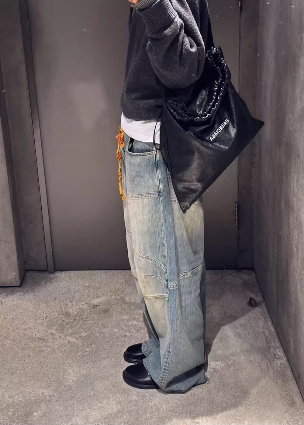 Japanese Brand Color Blocking Drawstring Double Knee Baggy Jeans Size US 30 / EU 46 - 3 Thumbnail