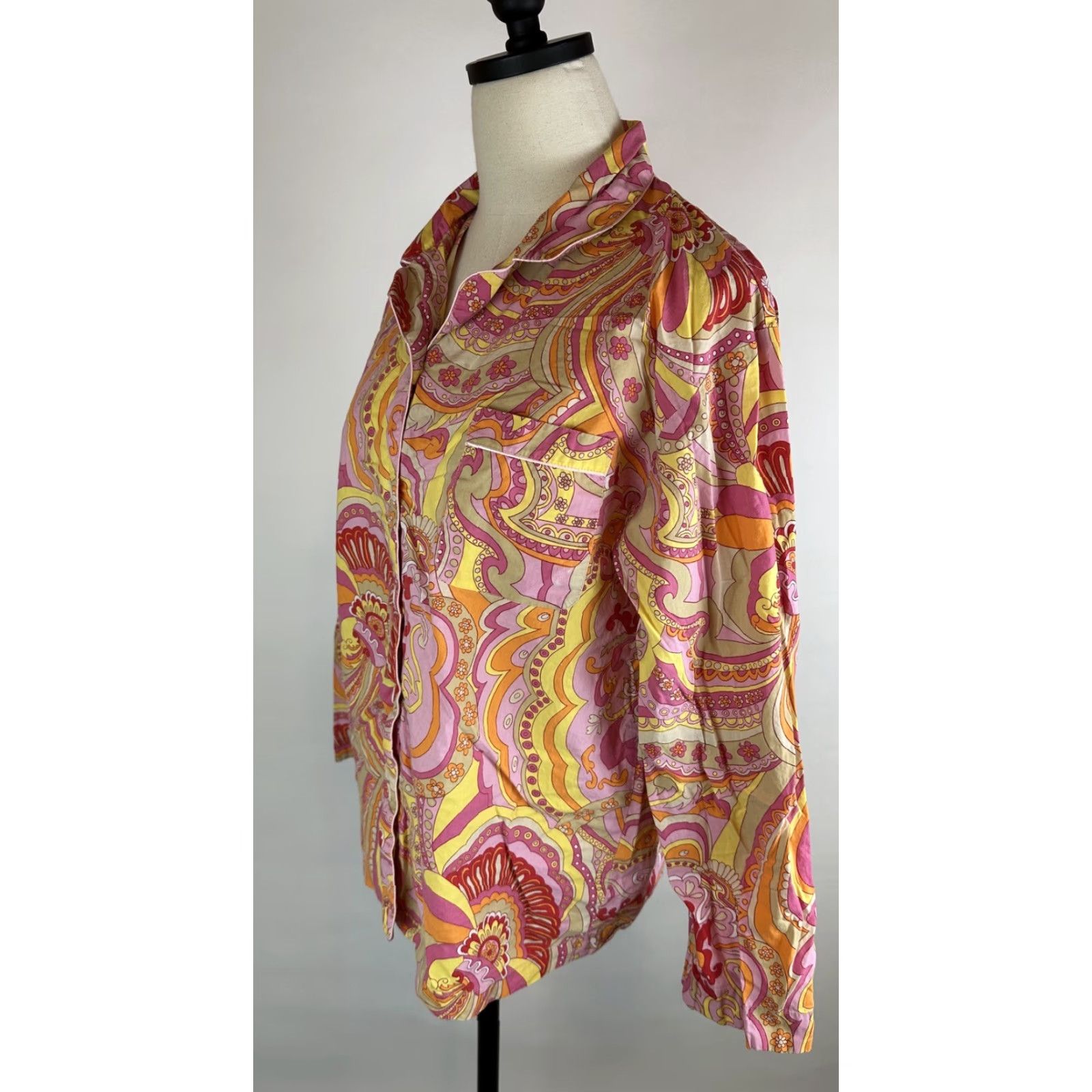 Vintage The Chandler Collection Pajama Top Women M Pink Paisley 90s Boho Y2K Collared Button Front Long Sleeve Size M / US 6-8 / IT 42-44 - 4 Thumbnail