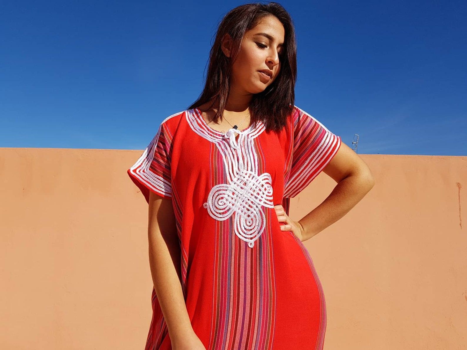 Designer × Handmade Moroccan Bohemian Red Kaftan For Women Size ONE SIZE - 2 Thumbnail