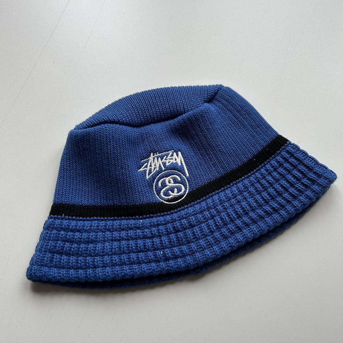 image of Vintage Stussy Jacquard Knit Embroidered Logo Bucket Hat in Blue, Men's