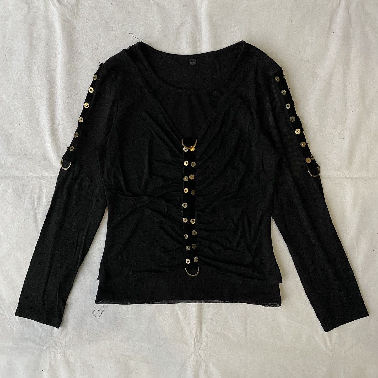 Japanese Brand Black Studded Ruched Mesh Double Layer Punk Goth Grunge Top Size M / US 6-8 / IT 42-44 - 2 Thumbnail