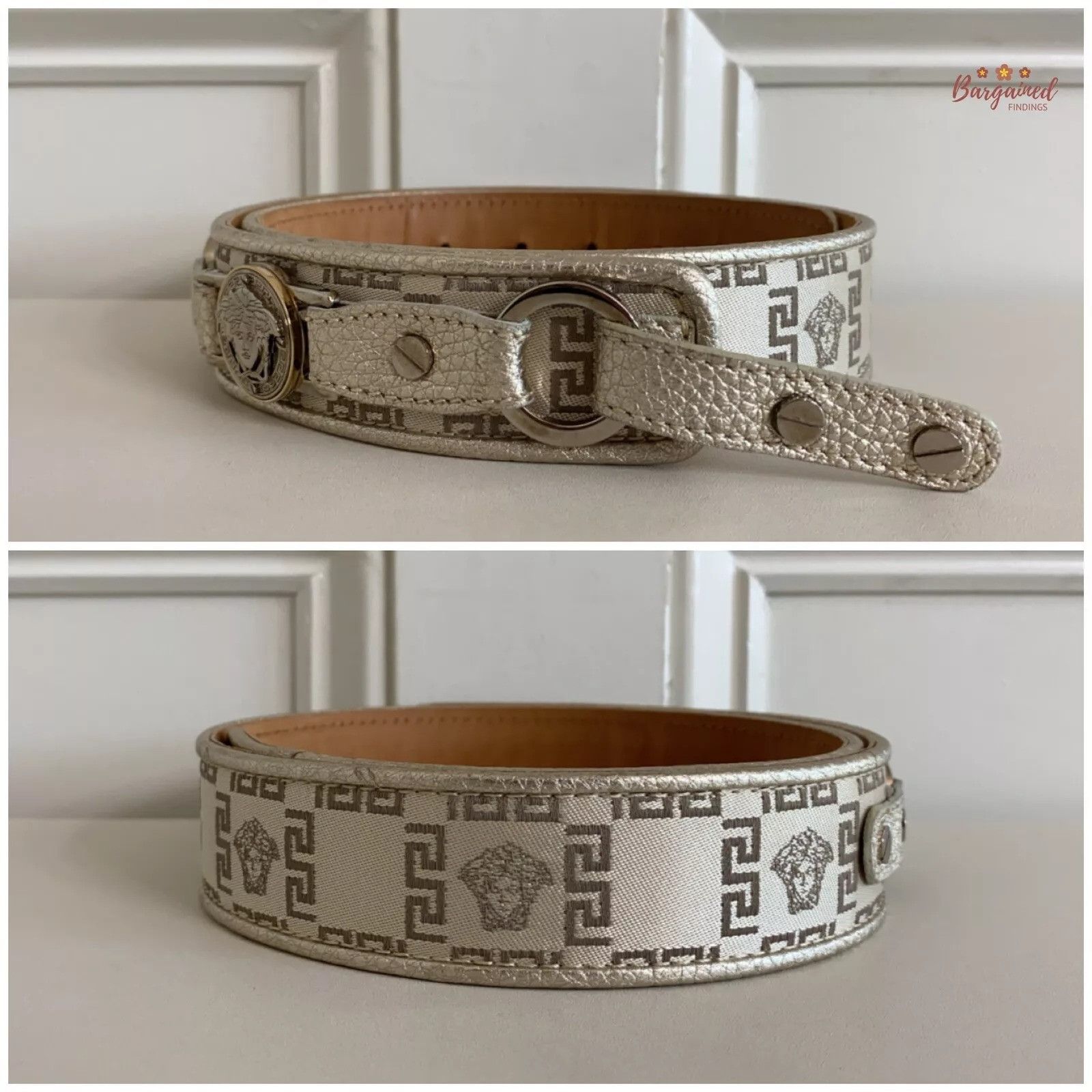 Versace Versace Metallic Leather Neutrals Nylon Medusa Insignia Belt Size 30 - 2 Thumbnail