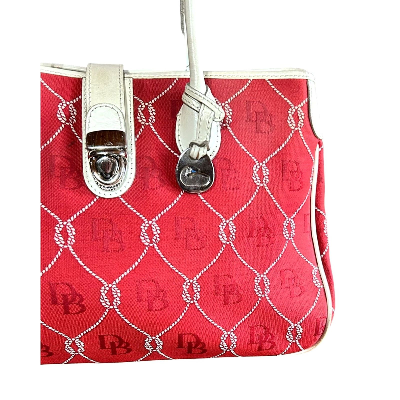 Logo 7 VINTAGE Dooney & Bourke Florentine Monogram Fabric Purse Women’s Shoulder Handbag Bag Red White Leather Canvas Size ONE SIZE - 4 Thumbnail