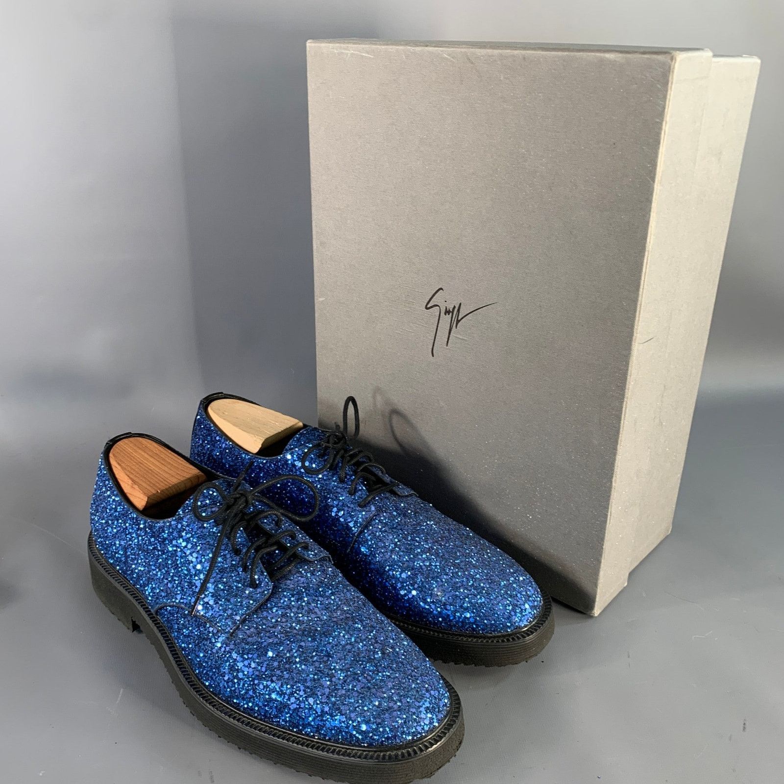 Giuseppe Zanotti GIUSEPPE ZANOTTI Blue Glitter Leather Derby Lace-Up Shoes Size US 11 / EU 44 - 9 Thumbnail
