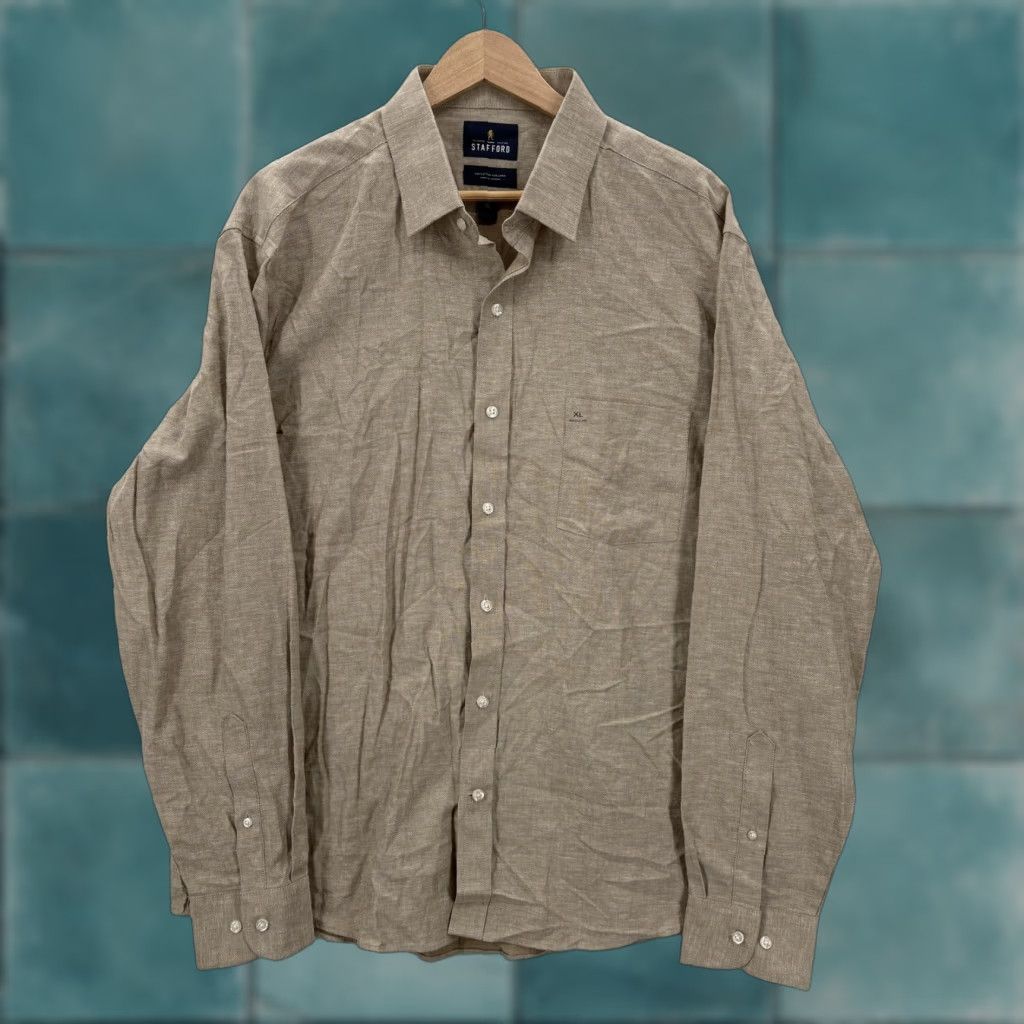 Stafford Stafford Shirt Mens XL Beige Cotton Linen Long Sleeve Button Front Casual Preppy Size US XL / EU 56 / 4 - 1 Thumbnail
