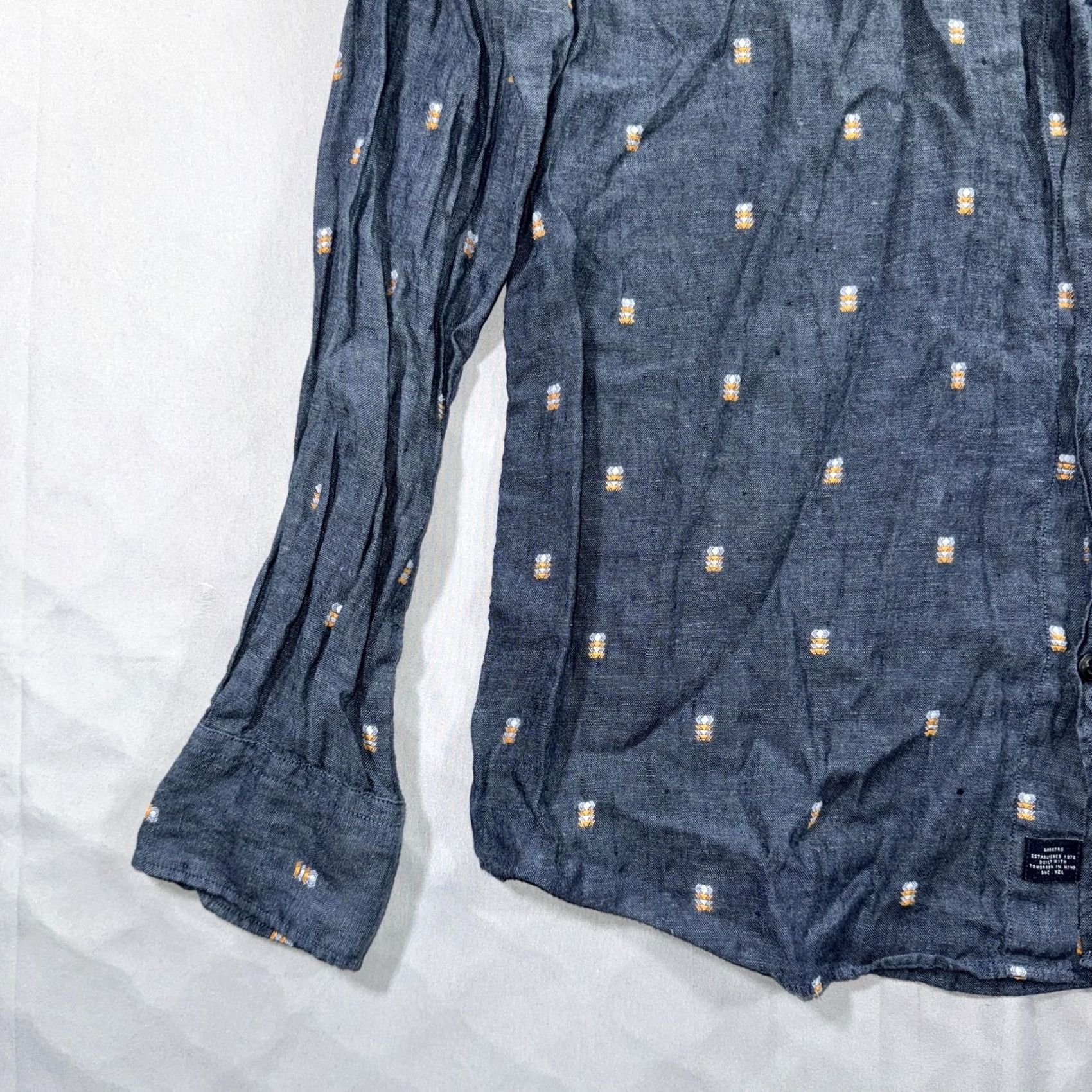 Barker Barkers Shirt Mens M Blue Linen Geometric Embroidered Slim Button Up Size US M / EU 48-50 / 2 - 3 Thumbnail