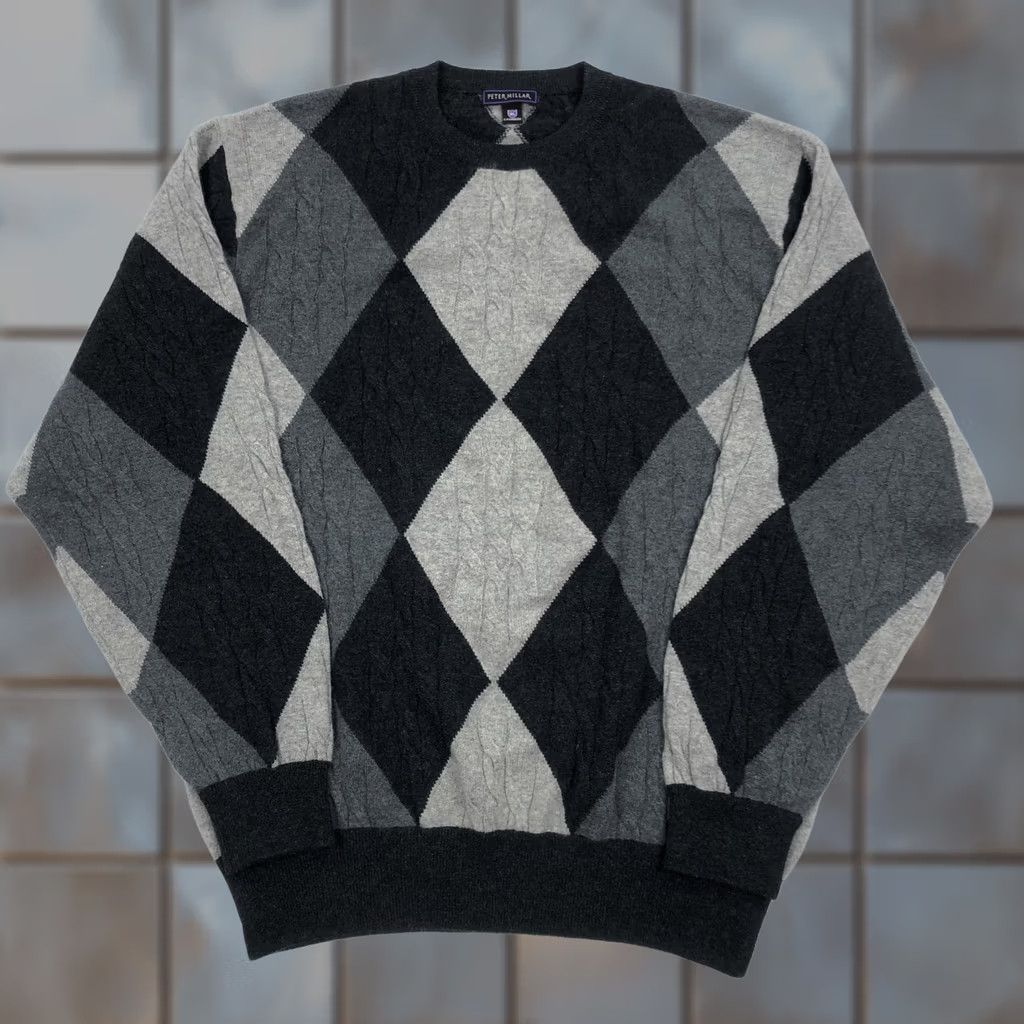 Peter Millar Peter Millar Men's XL Cashmere Argyle Cable Knit Sweater Grey Black Pullover Crew Neck Ribbed Trim Autumn Winter Spring Modern Preppy Casual Everyday Size US XL / EU 56 / 4 - 1 Thumbnail