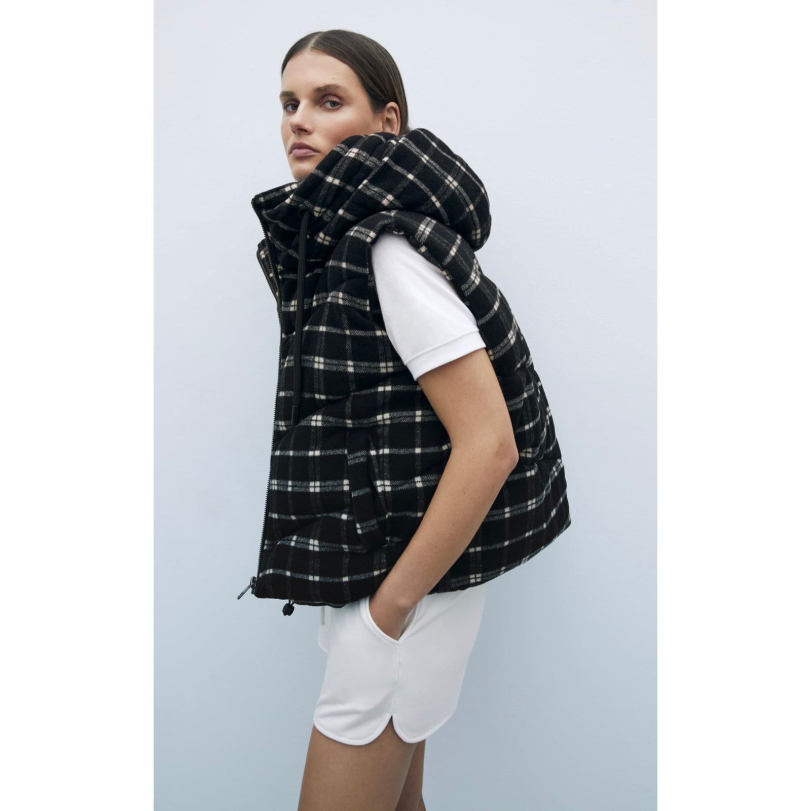 Zara Zara plaid quilted vest ecru/black Size XS / US 0-2 / IT 36-38 - 12 Thumbnail