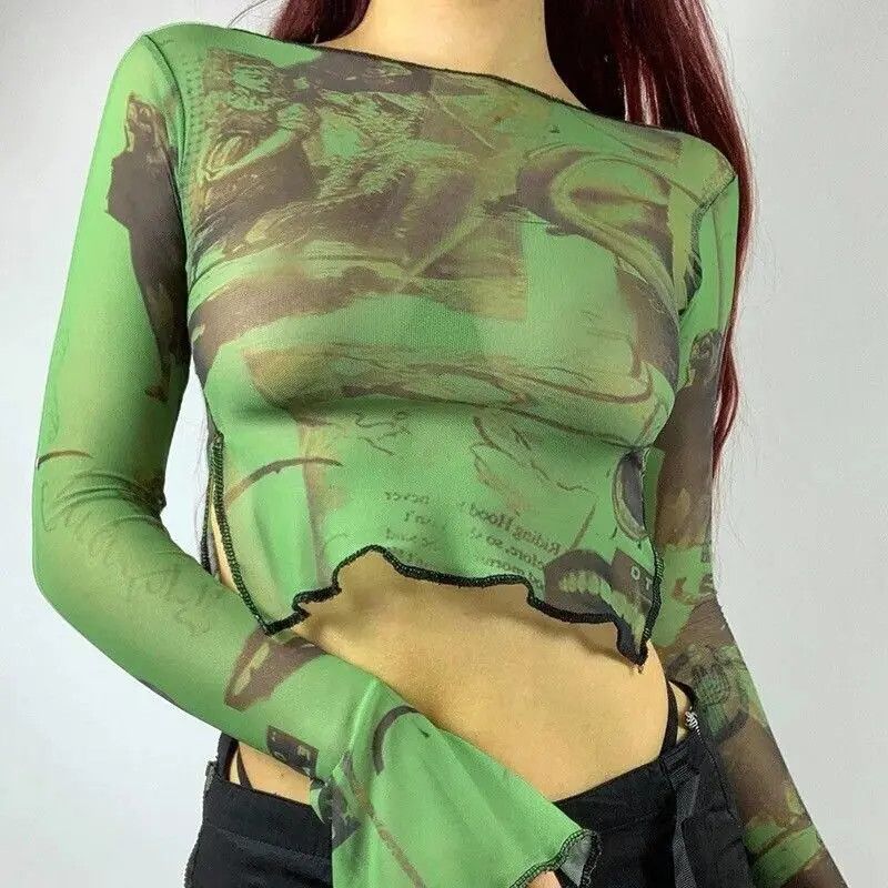 image of See Trough Crop Top Vintage Graphic Print in Green, Women's