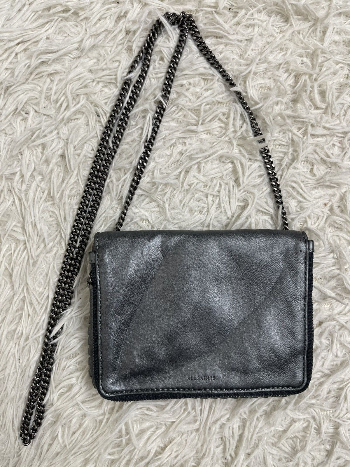 All Saints Black Leather Silver Color Chain Strap Cossbody