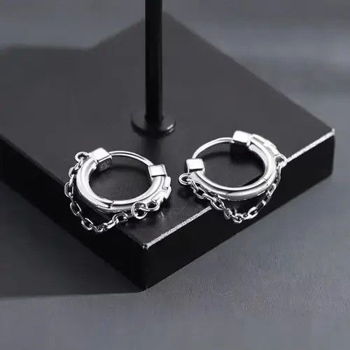 Designer × Vintage 925 Silver Plated Chain Hoop Earrings for Men Women Size ONE SIZE - 2 Thumbnail