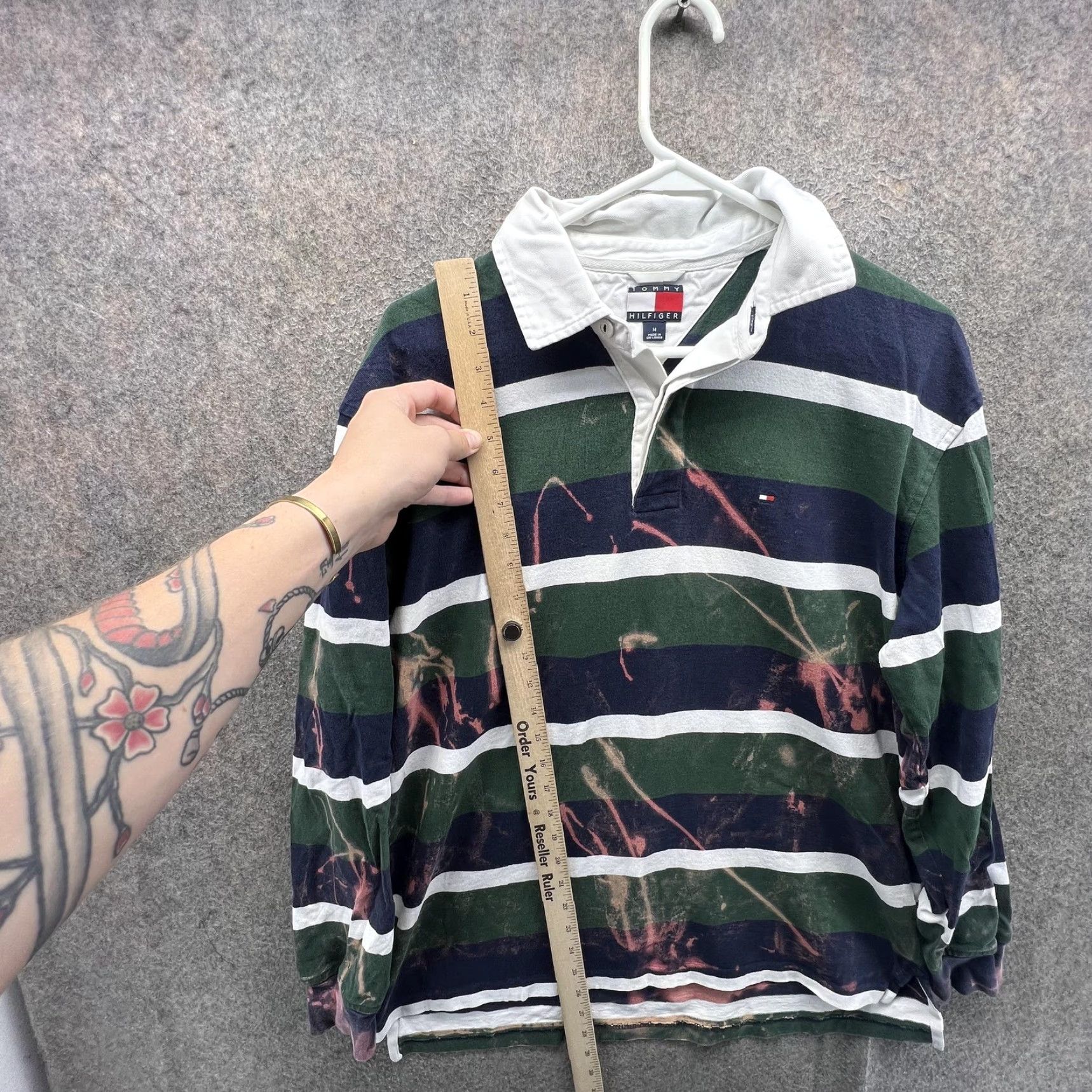 Tommy Hilfiger Tommy Hilfiger Rugby Shirt Mens M Green Navy Stripe Bleach Stained Flawed Polo Knit Long Sleeve Casual Shirt Mens Size US M / EU 48-50 / 2 - 7 Thumbnail