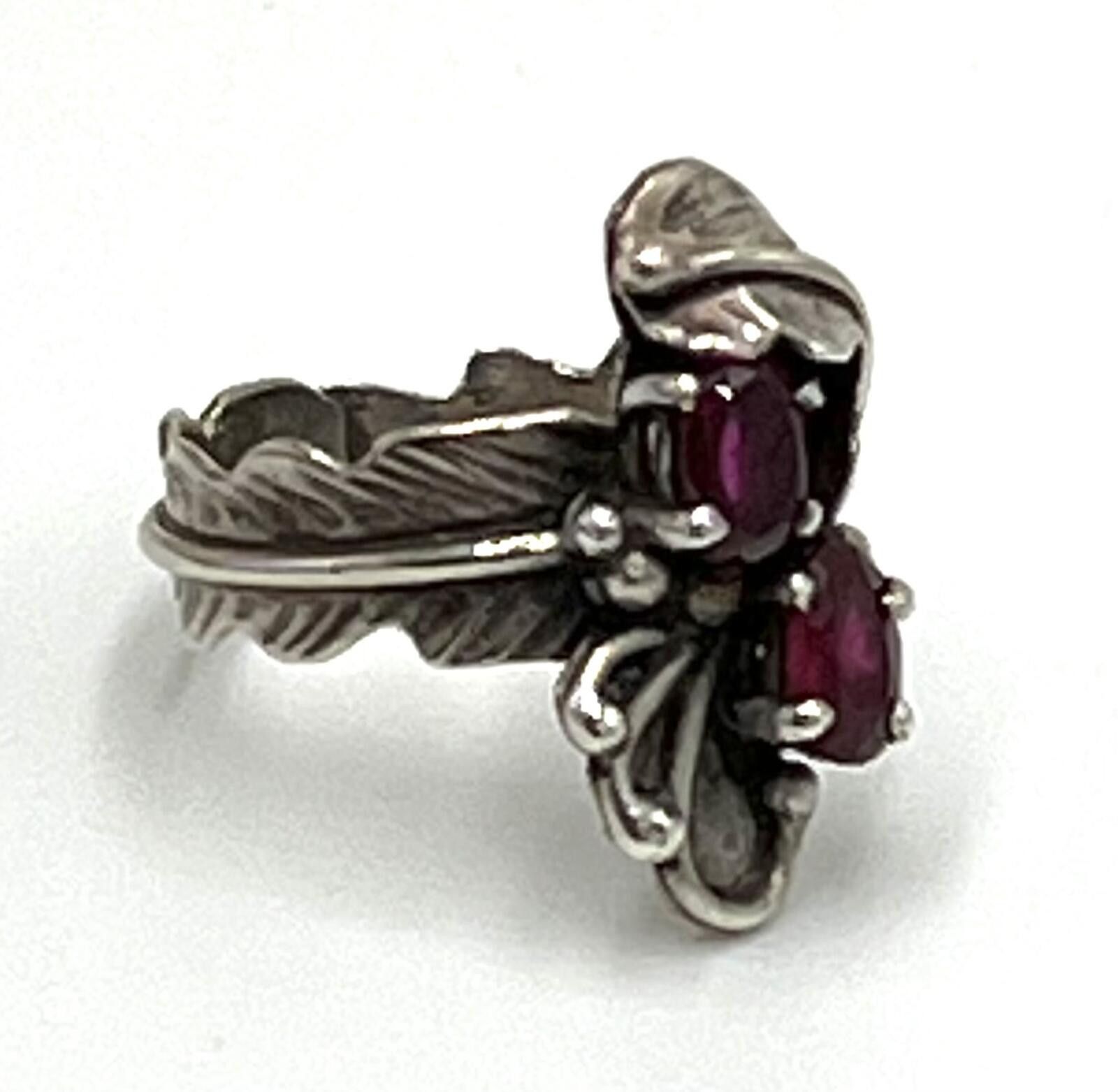 Other Rubies Set in Sterling Silver Native Floral & Feather Ring Size ONE SIZE - 3 Thumbnail