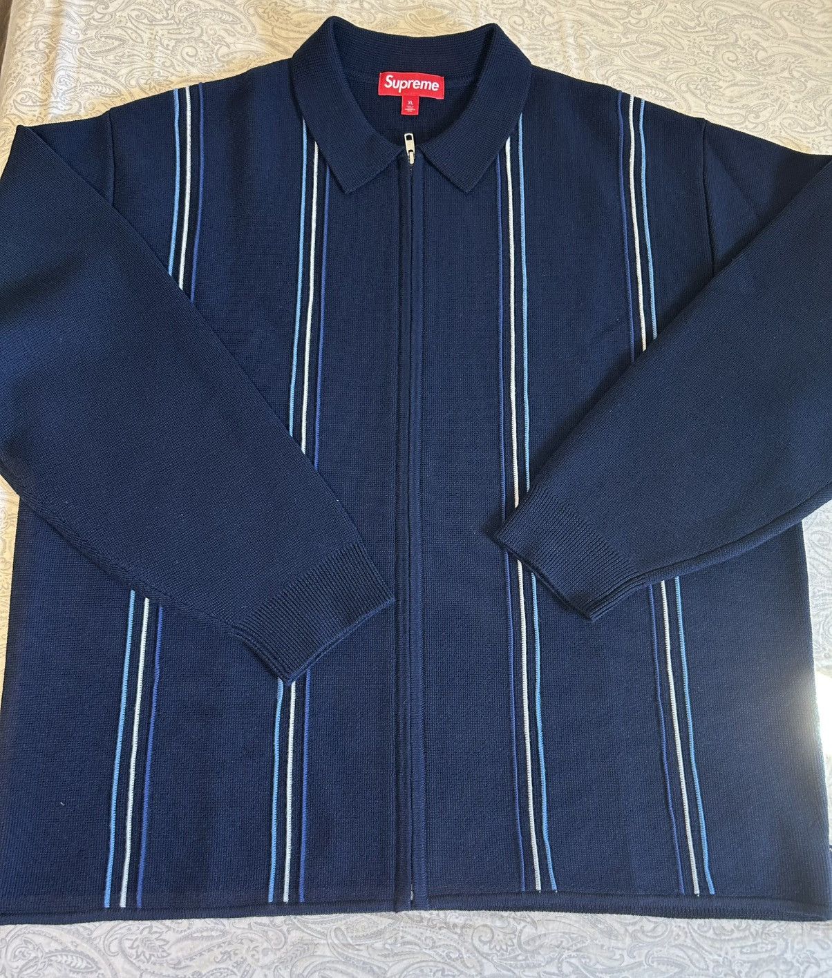 Supreme Stripe Zip Up Polo Sweater Navy XL