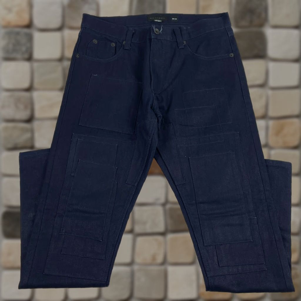 Denime Decibel Jeans Mens 34 x 33 Blue Tapered Leg Dark Wash Raw Denim Patches Biker Jeans Mens Regular Slim Story? Size US 34 / EU 50 - 1 Thumbnail