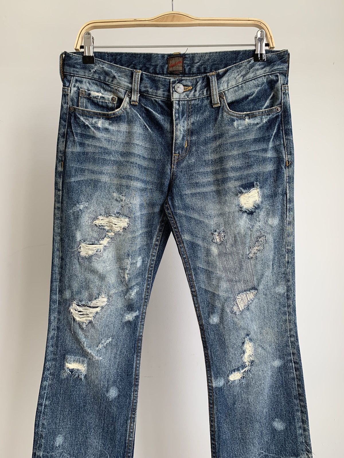 Japanese Brand Jackrose Crash Denim Flared Boot Cut Jeans Size US 31 - 7 Thumbnail