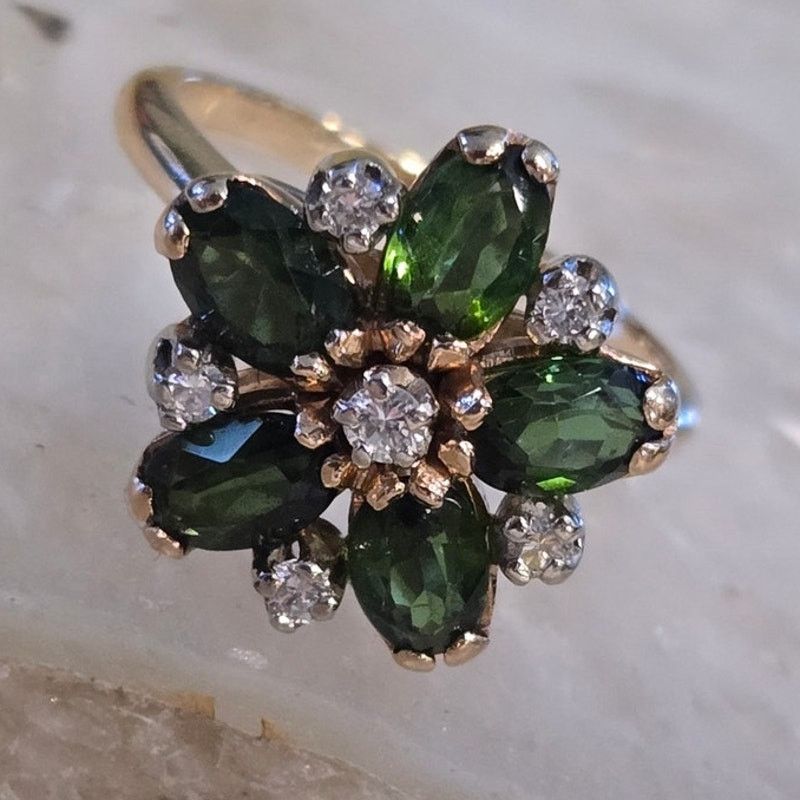 Hysteric Glamour 14K Yellow Gold Green Tourmaline & Diamond Daisy Cluster Size ONE SIZE - 12 Thumbnail